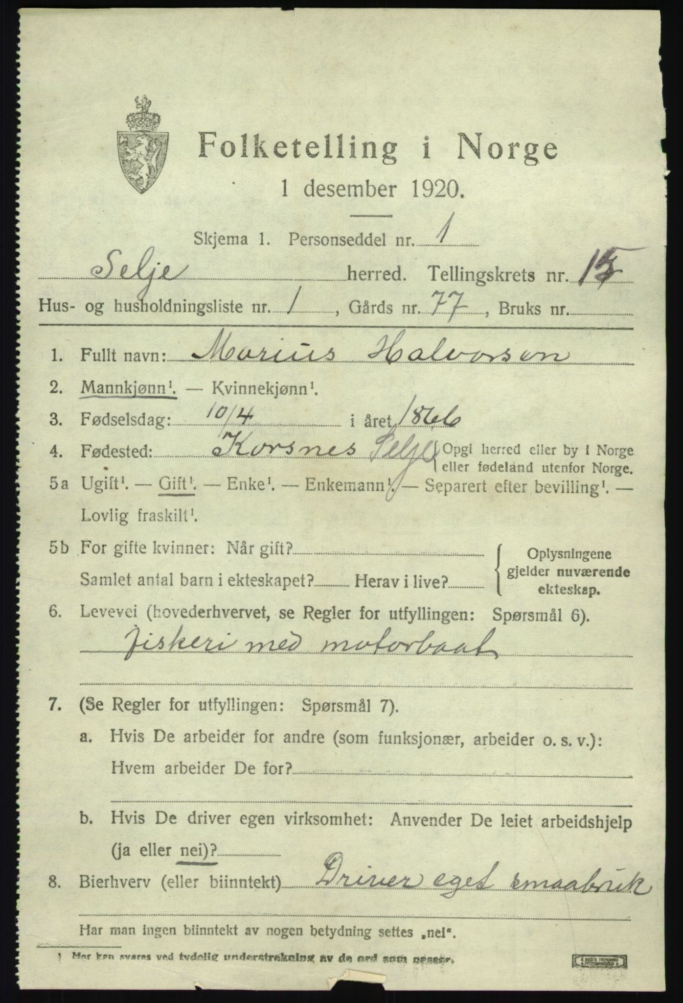 SAB, 1920 census for Selje, 1920, p. 6759