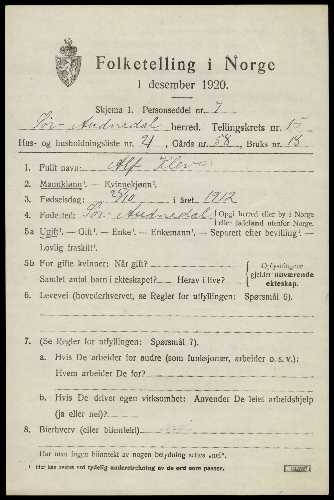 SAK, 1920 census for Sør-Audnedal, 1920, p. 5919