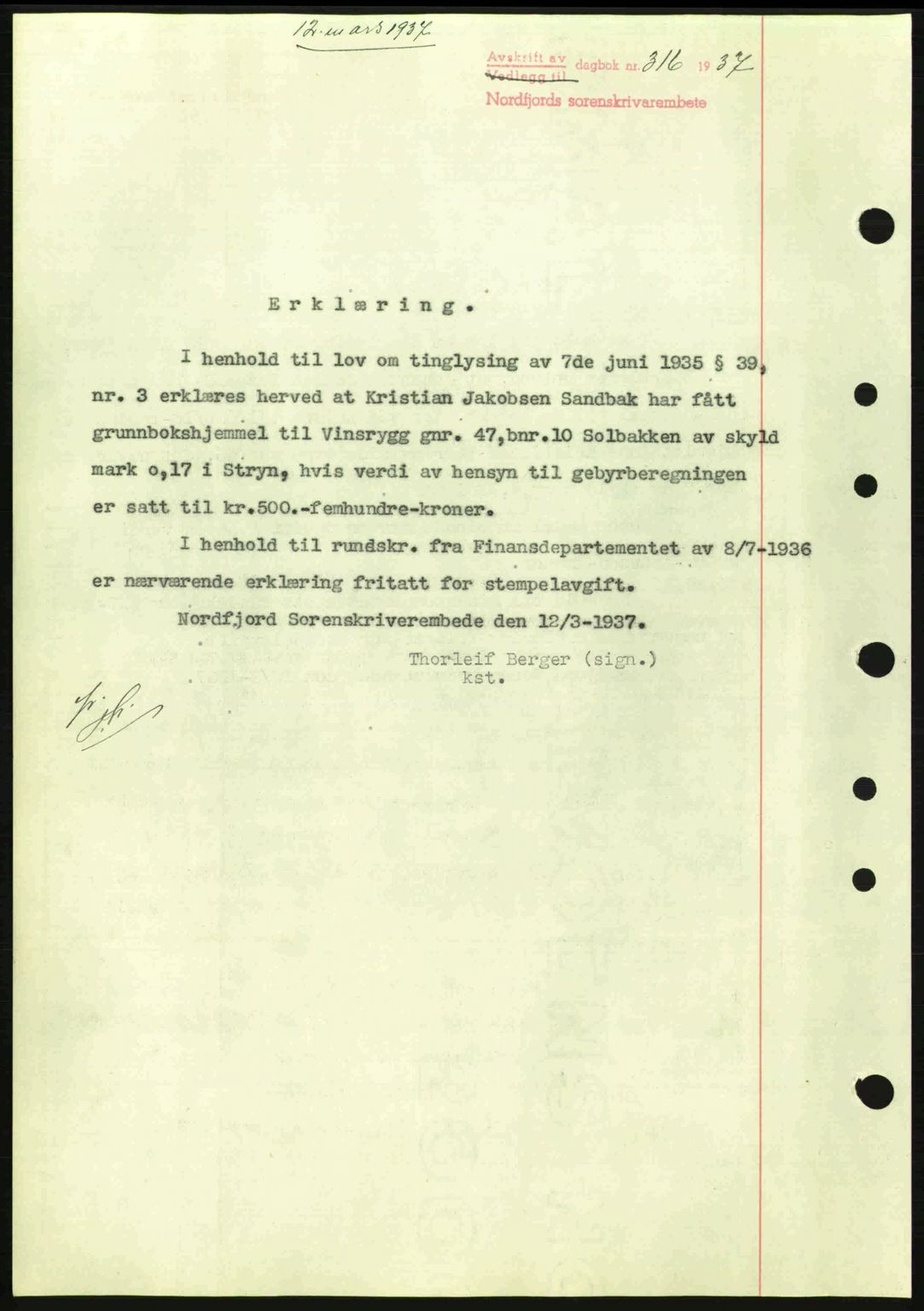 Nordfjord sorenskriveri, AV/SAB-A-2801/02/02b/02bj/L0001: Mortgage book no. A1, 1936-1937, Diary no: : 315/1937