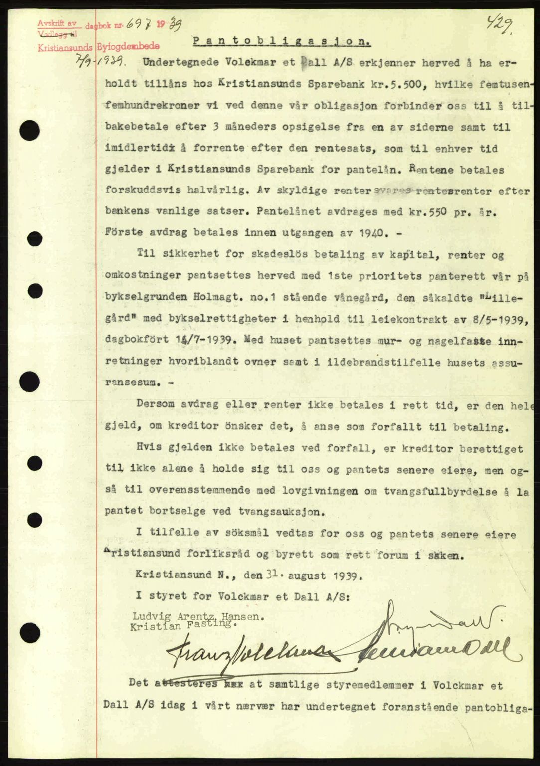 Kristiansund byfogd, SAT/A-4587/A/27: Mortgage book no. 31, 1938-1939, Diary no: : 697/1939