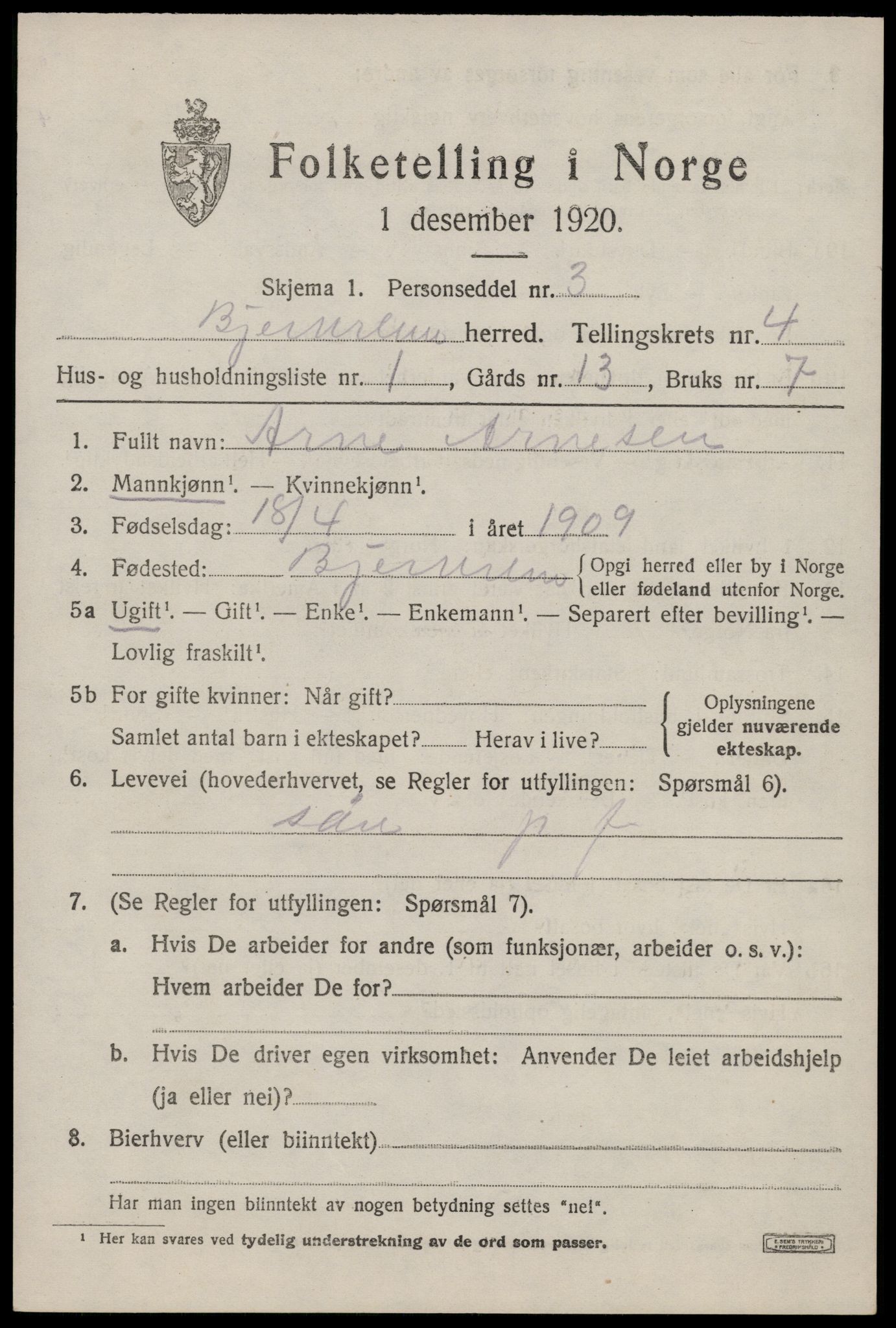 SAST, 1920 census for Bjerkreim, 1920, p. 1772