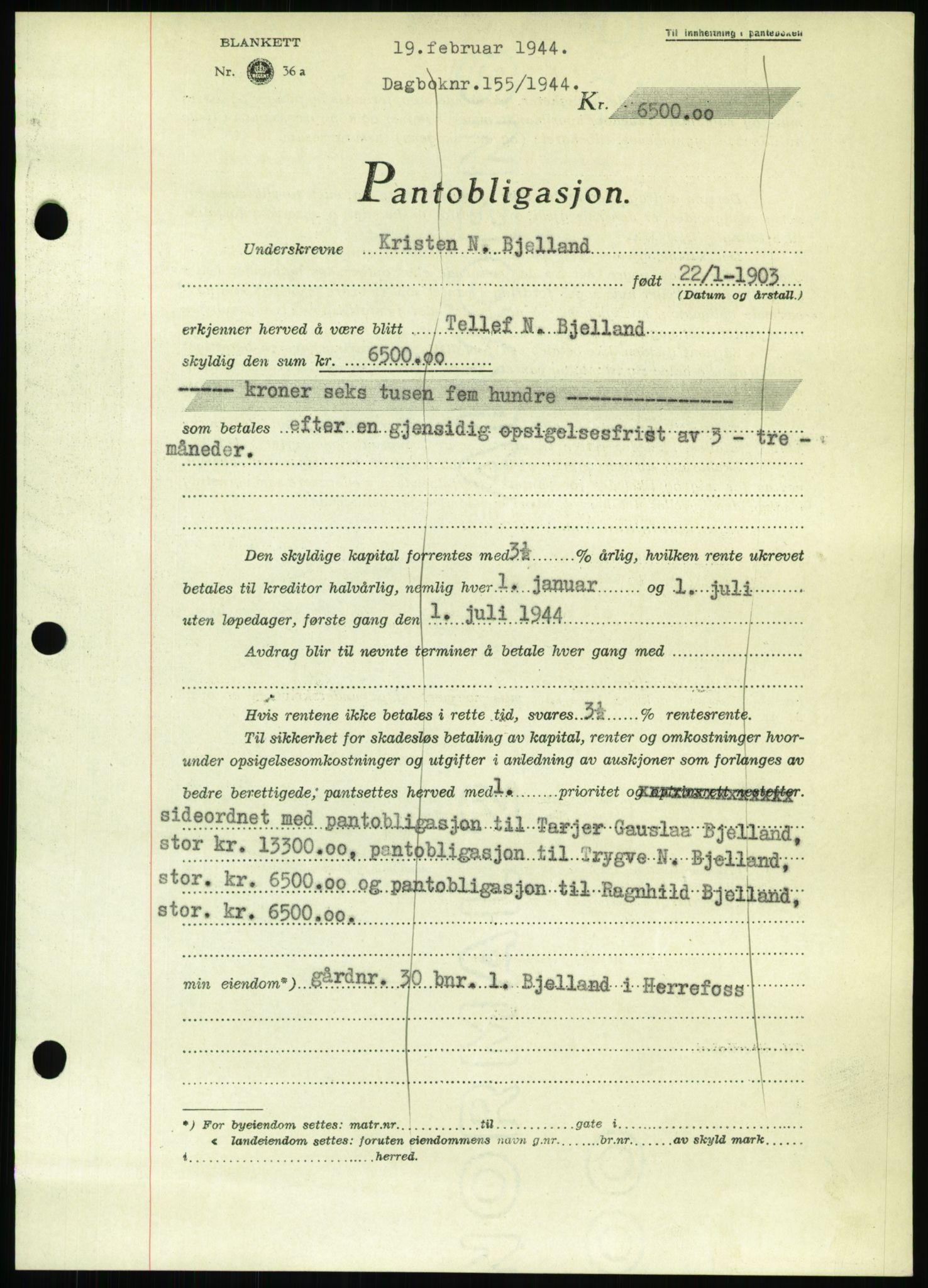 Nedenes sorenskriveri, AV/SAK-1221-0006/G/Gb/Gbb/L0002: Mortgage book no. II, 1942-1945, Diary no: : 155/1944