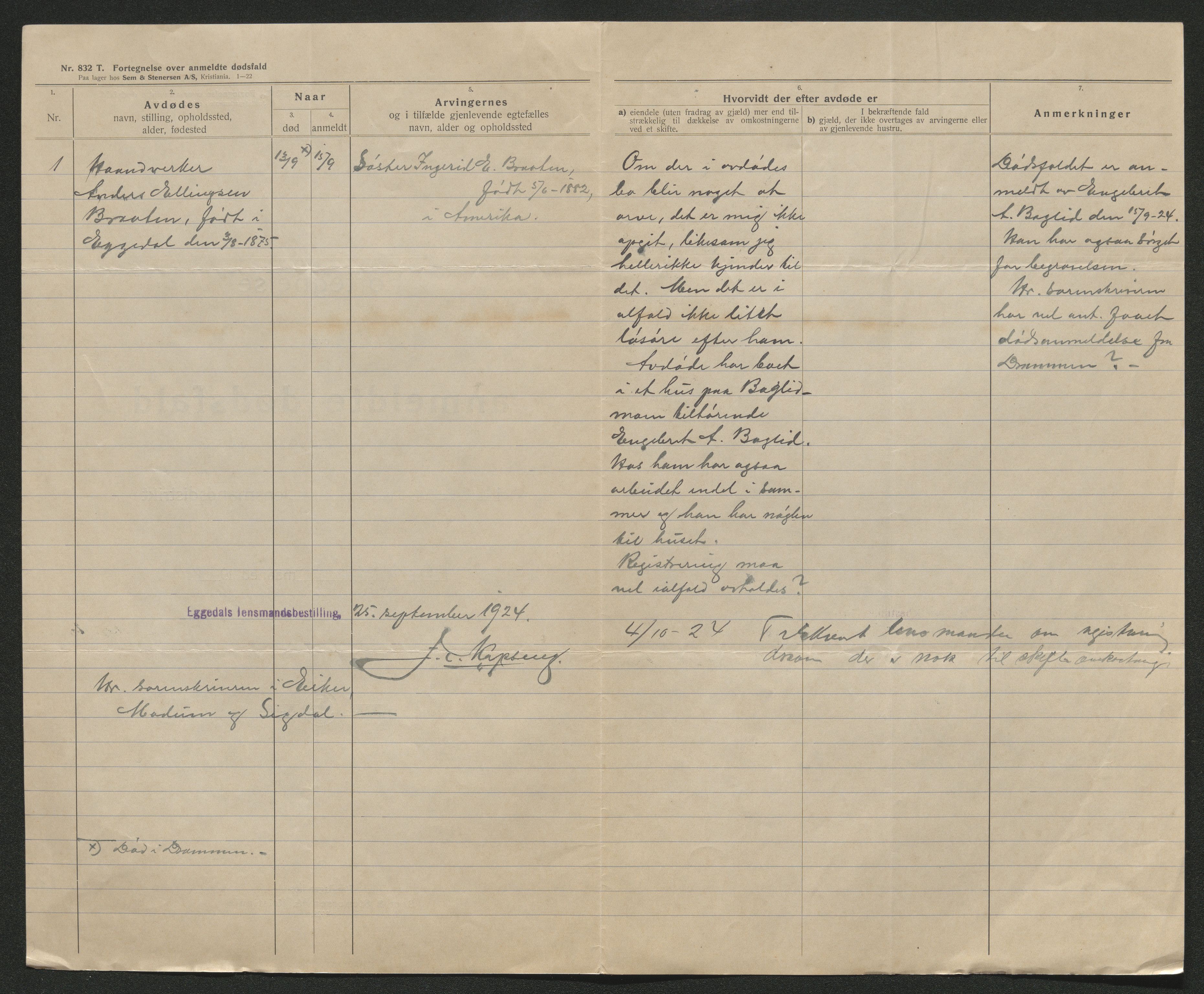 Eiker, Modum og Sigdal sorenskriveri, AV/SAKO-A-123/H/Ha/Hab/L0042: Dødsfallsmeldinger, 1924, p. 415