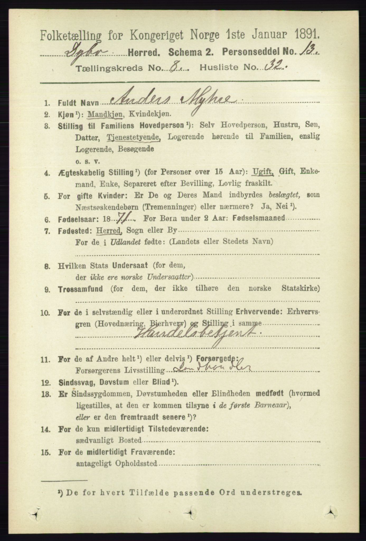 RA, 1891 census for 0915 Dypvåg, 1891, p. 2915