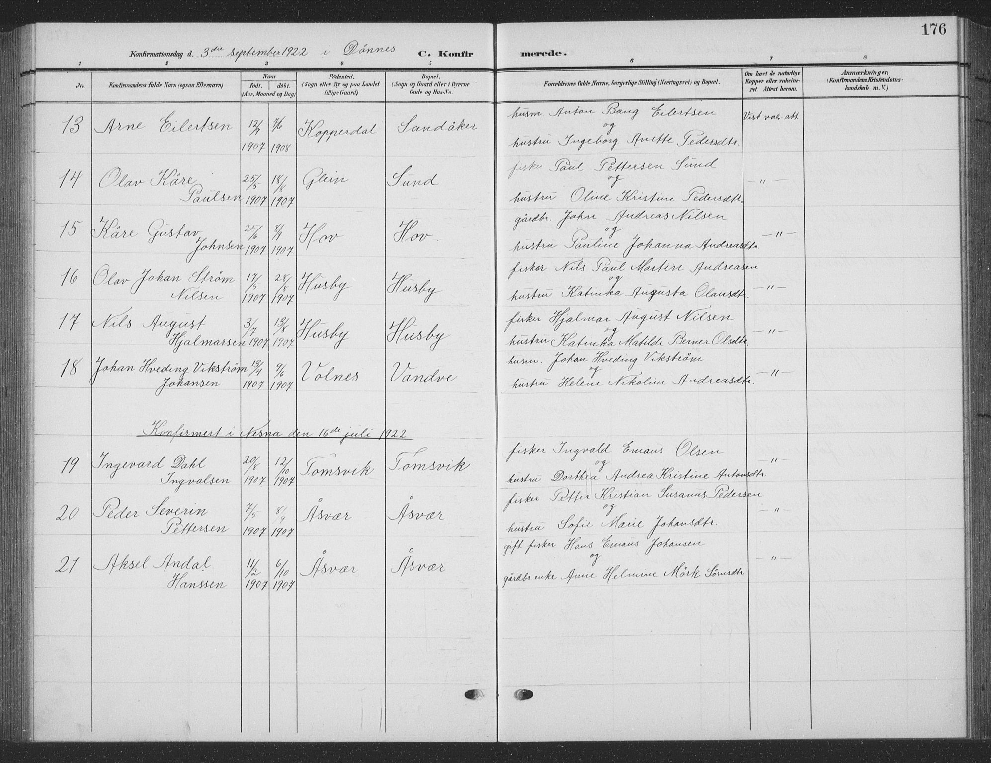 Ministerialprotokoller, klokkerbøker og fødselsregistre - Nordland, AV/SAT-A-1459/835/L0533: Parish register (copy) no. 835C05, 1906-1939, p. 176