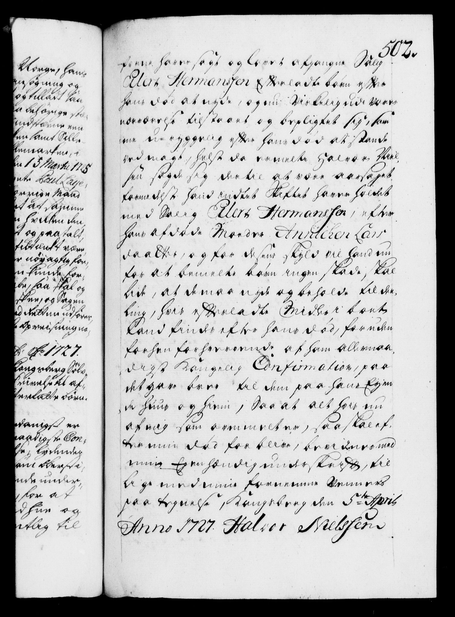 Danske Kanselli 1572-1799, AV/RA-EA-3023/F/Fc/Fca/Fcaa/L0025: Norske registre, 1726-1728, p. 502a