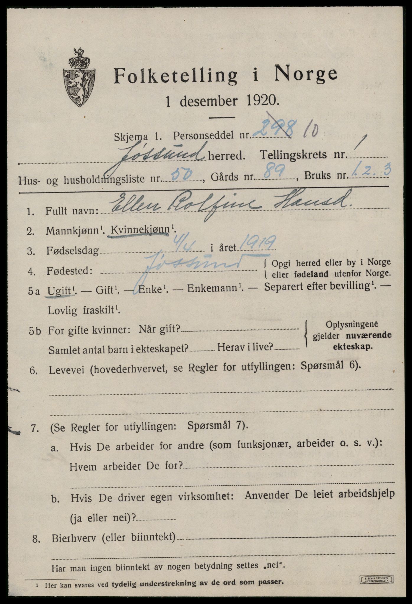 SAT, 1920 census for Jøssund, 1920, p. 1330