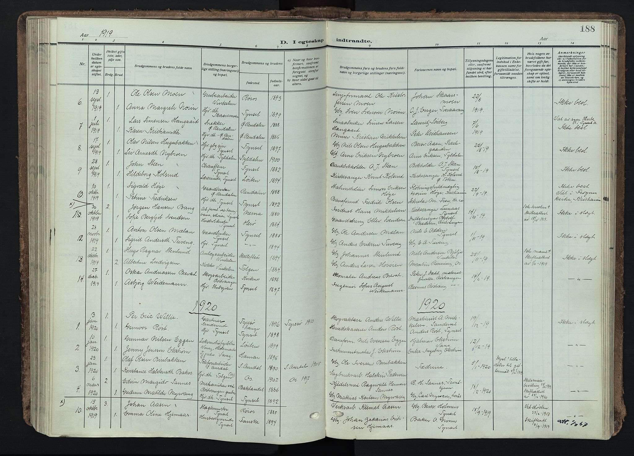 Tynset prestekontor, SAH/PREST-058/H/Ha/Haa/L0026: Parish register (official) no. 26, 1915-1929, p. 188