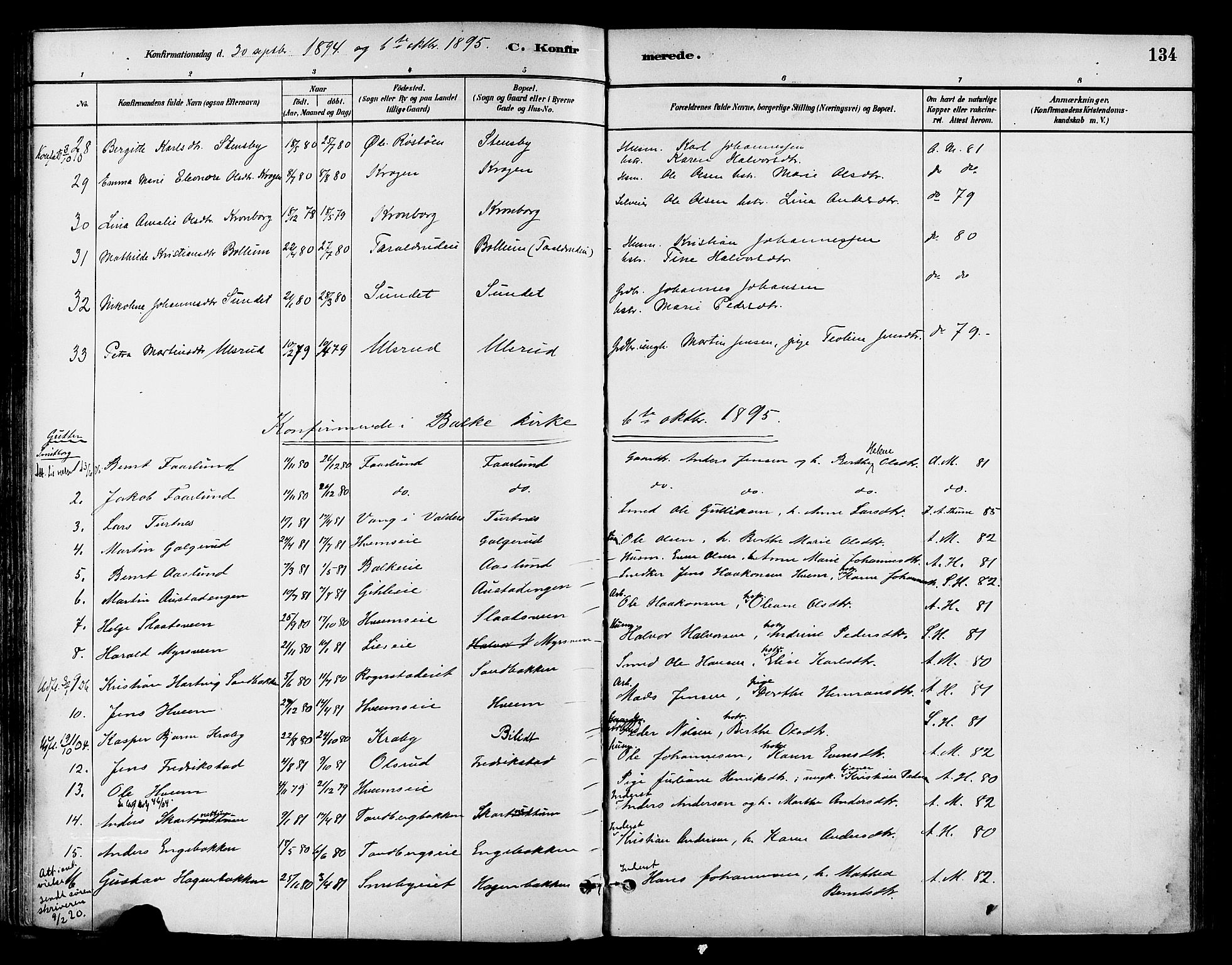 Østre Toten prestekontor, SAH/PREST-104/H/Ha/Haa/L0007: Parish register (official) no. 7, 1881-1896, p. 134