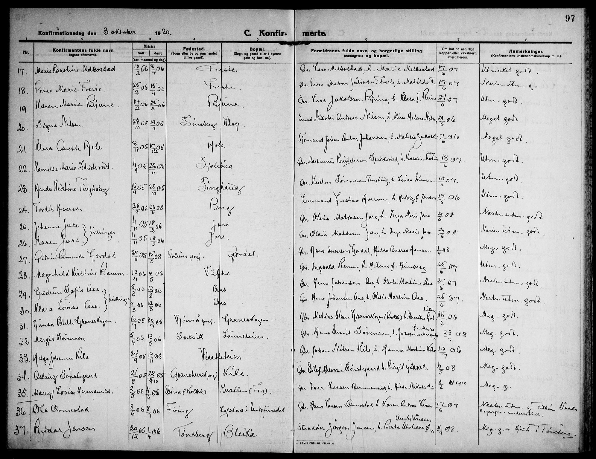 Ramnes kirkebøker, AV/SAKO-A-314/F/Fa/L0009: Parish register (official) no. I 9, 1912-1929, p. 97