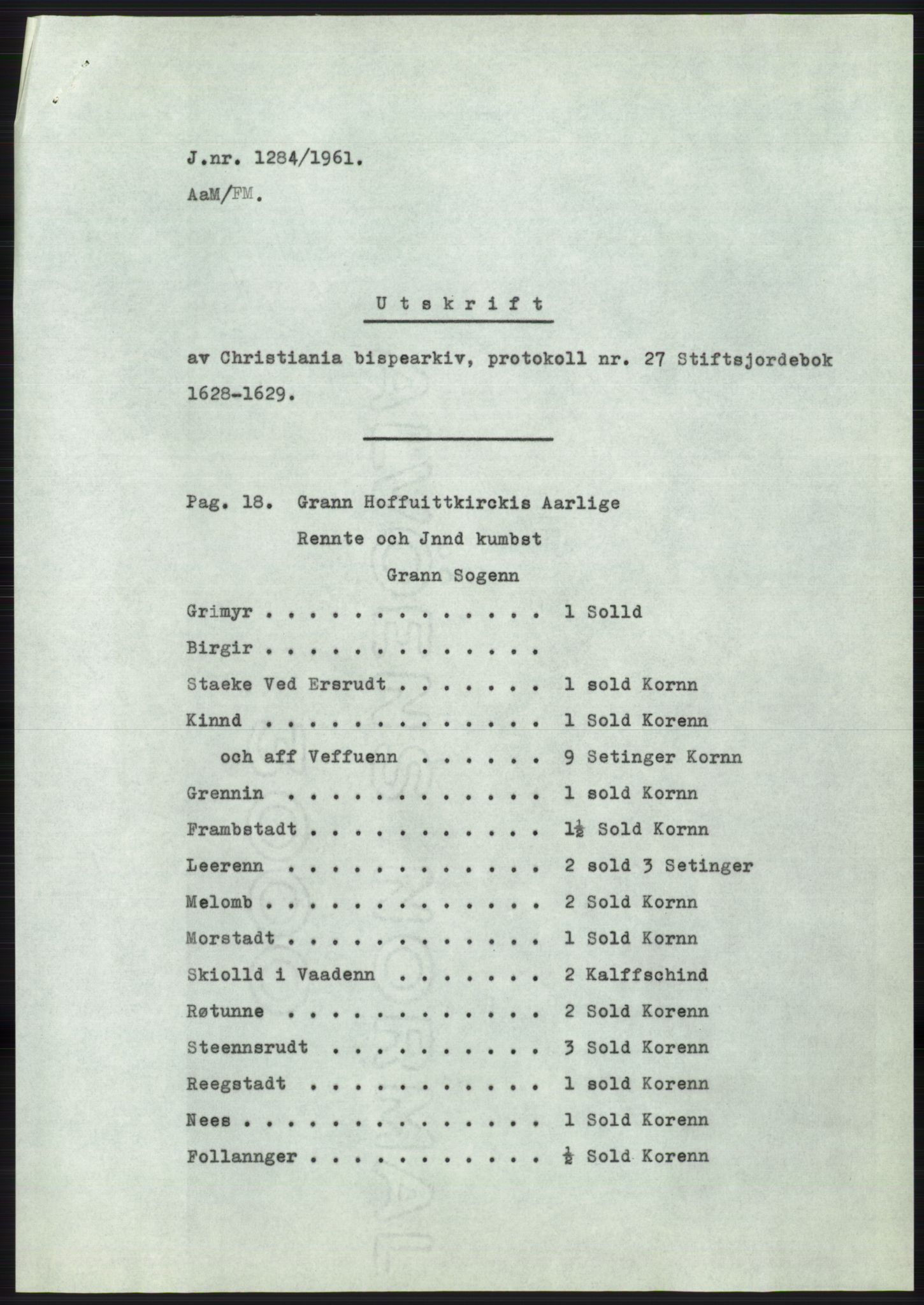 Statsarkivet i Oslo, SAO/A-10621/Z/Zd/L0014: Avskrifter, j.nr 1101-1809/1961, 1961, p. 92