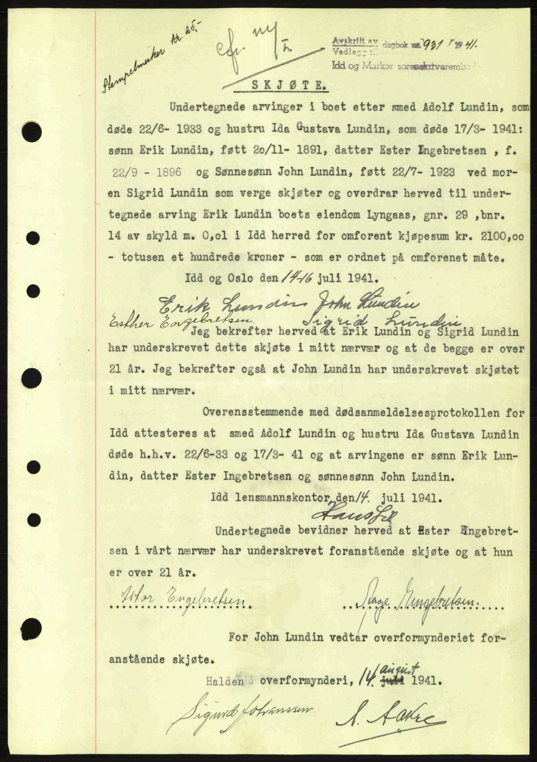 Idd og Marker sorenskriveri, AV/SAO-A-10283/G/Gb/Gbb/L0004: Mortgage book no. A4, 1940-1941, Diary no: : 931/1941