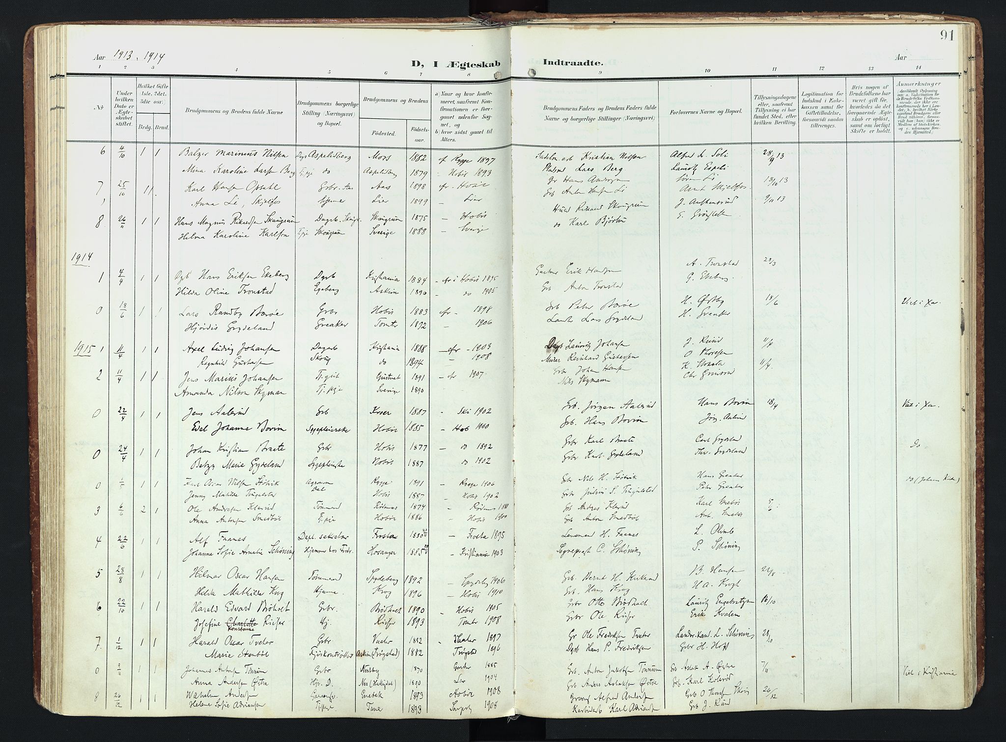 Hobøl prestekontor Kirkebøker, SAO/A-2002/F/Fa/L0006: Parish register (official) no. I 6, 1905-1927, p. 91