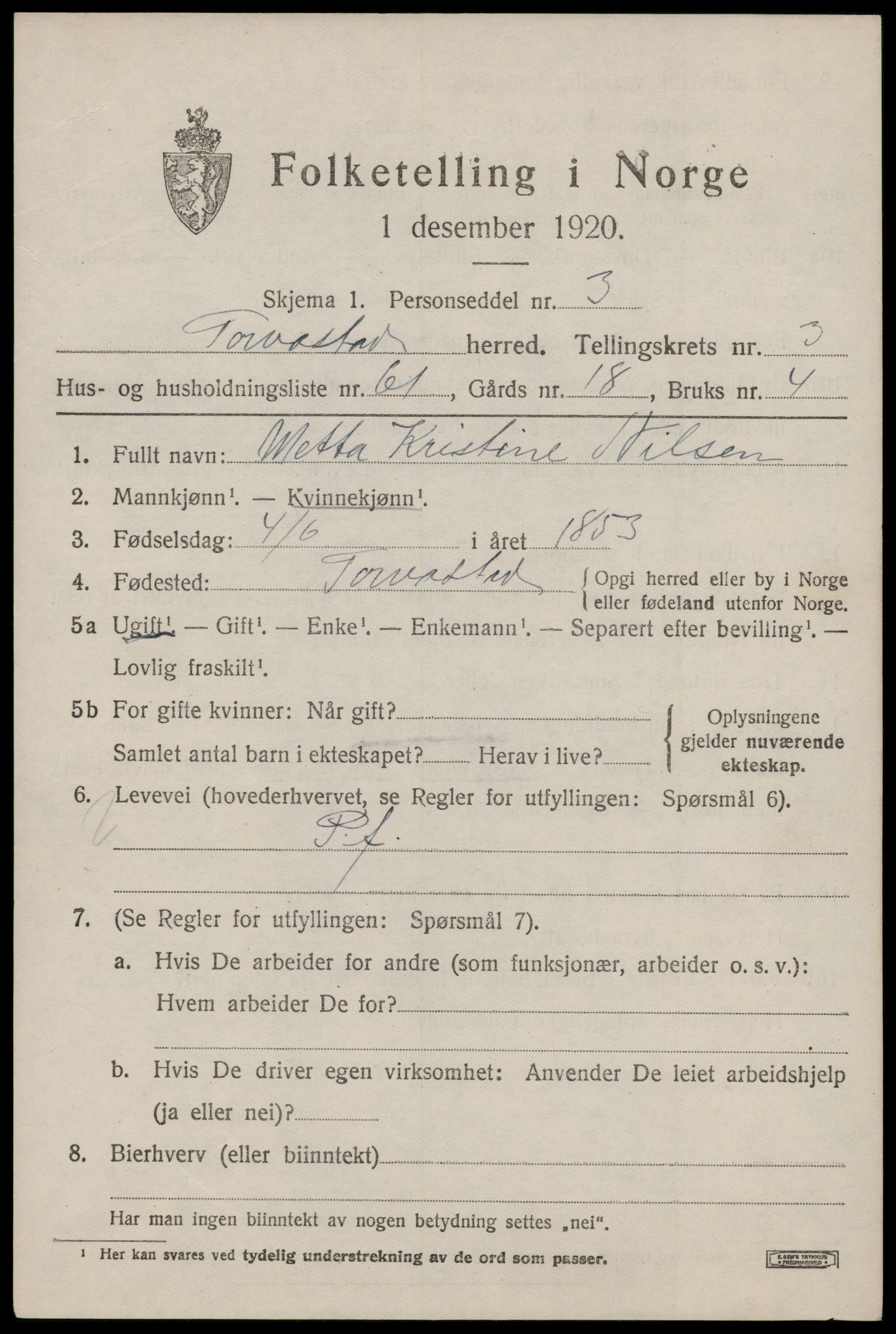 SAST, 1920 census for Torvastad, 1920, p. 3616