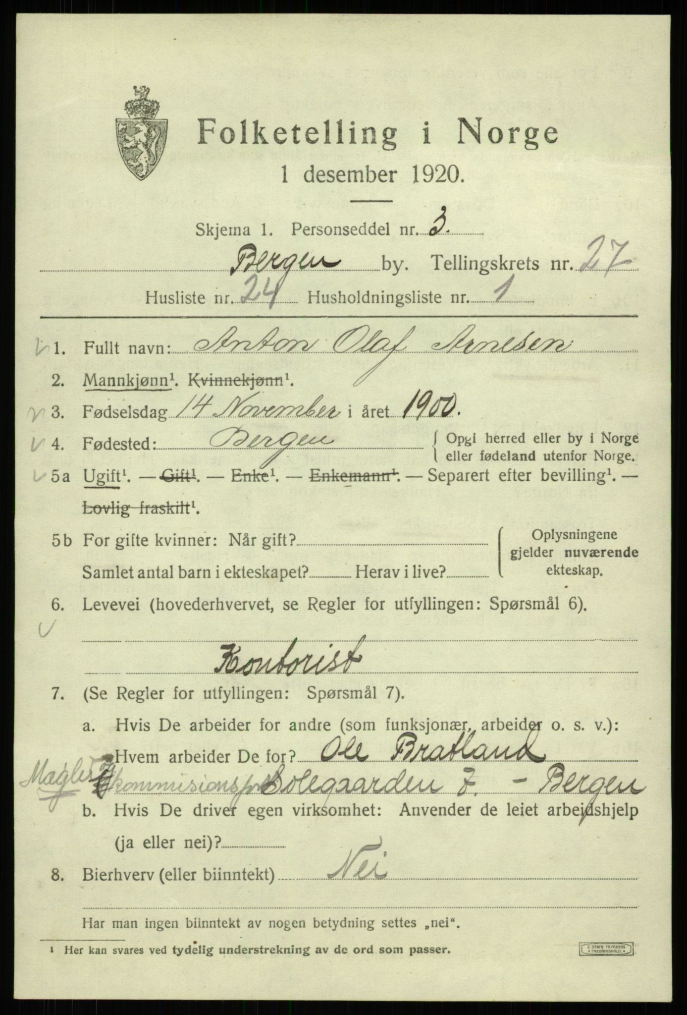 SAB, 1920 census for Bergen, 1920, p. 91785