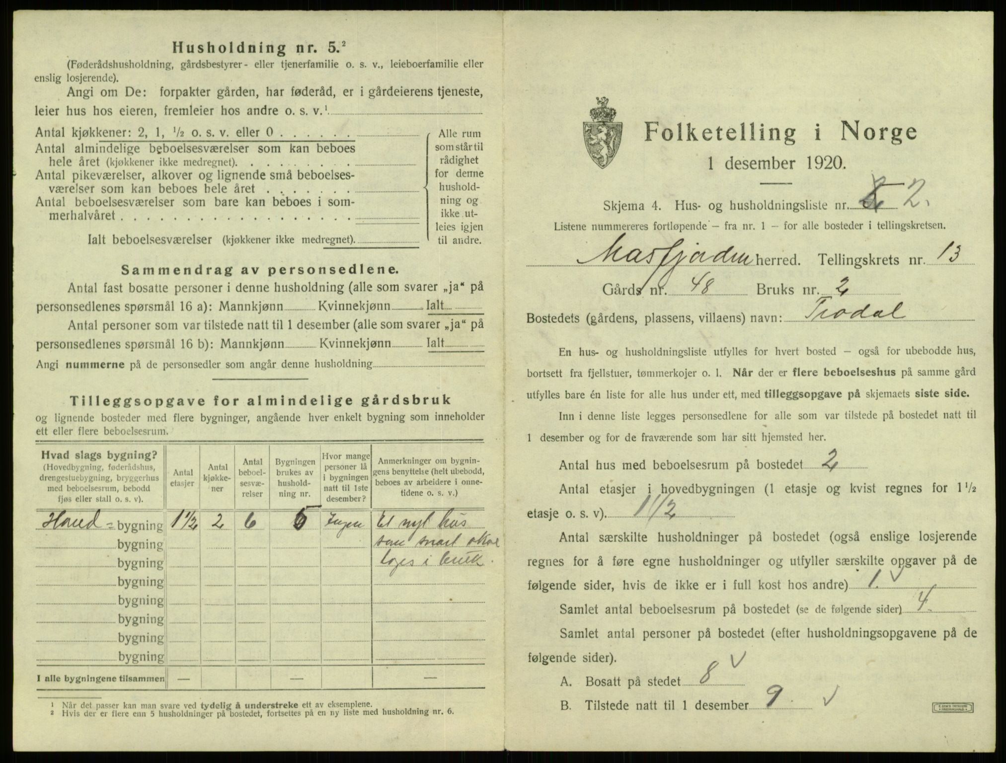 SAB, 1920 census for Masfjorden, 1920, p. 640