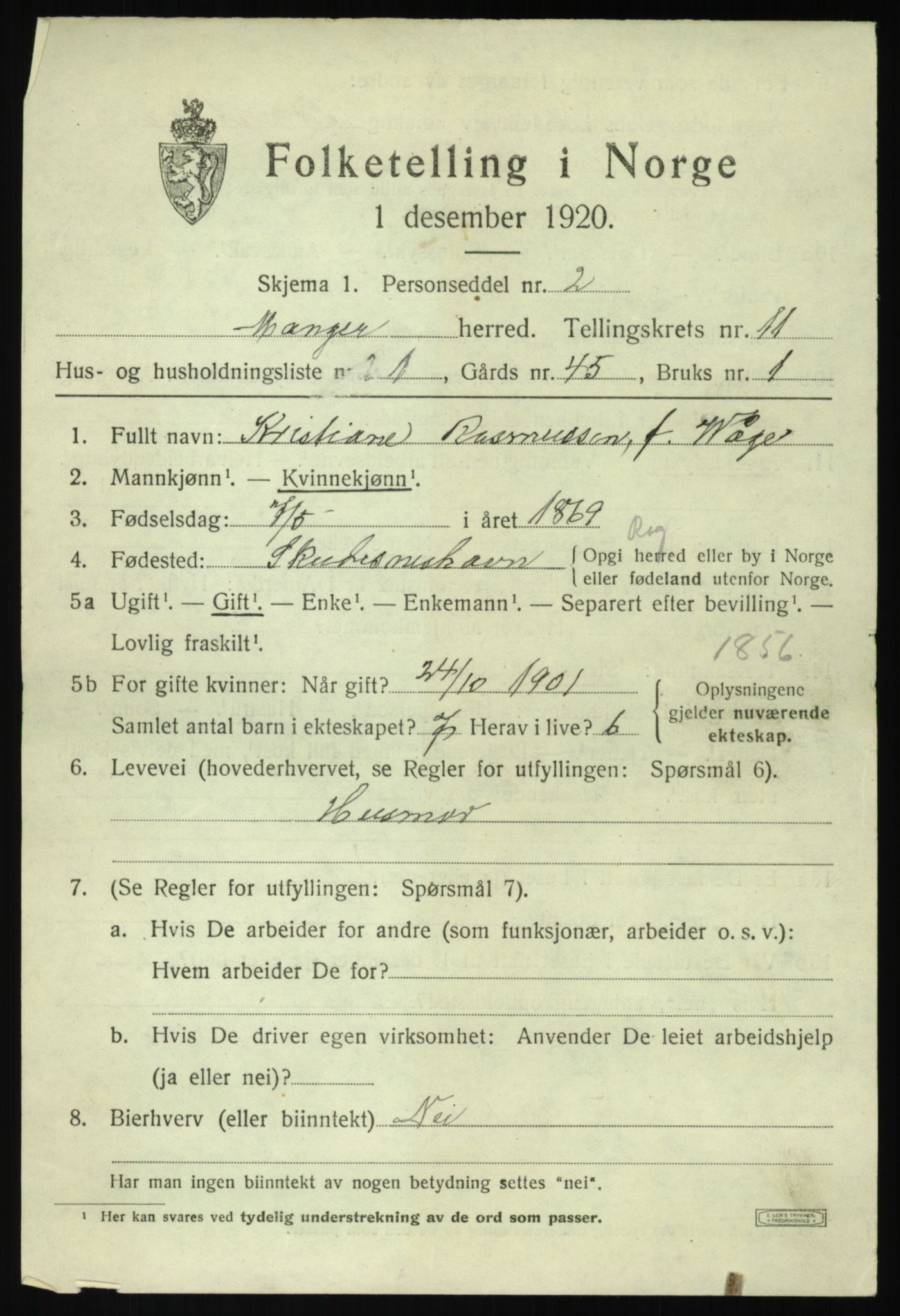SAB, 1920 census for Manger, 1920, p. 6684