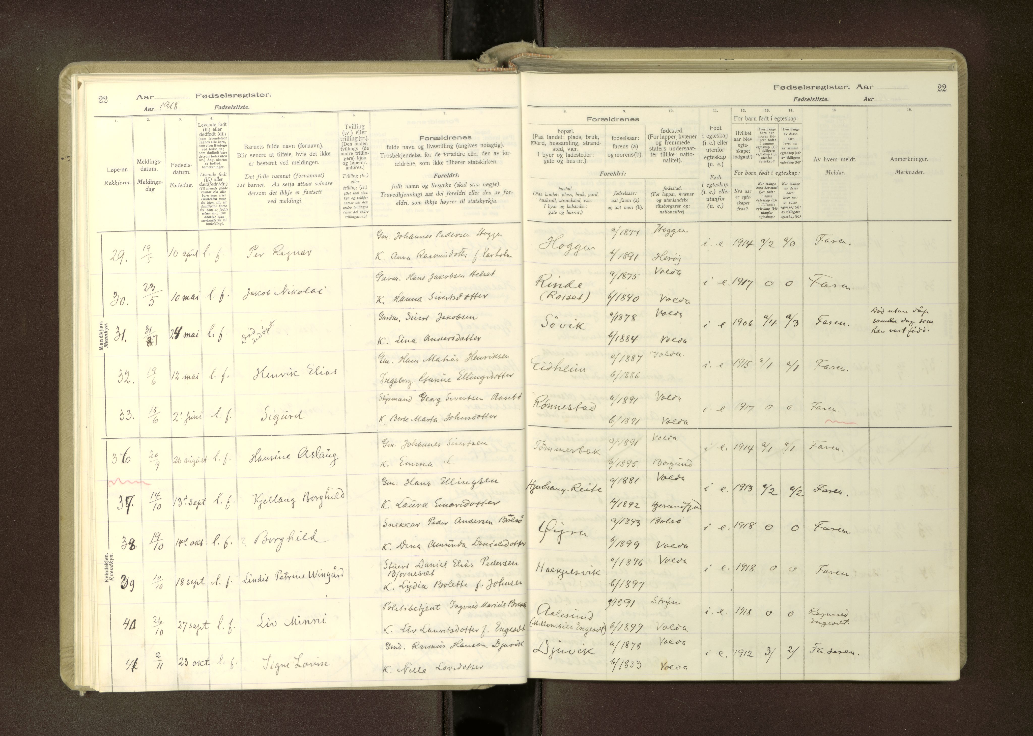 Ministerialprotokoller, klokkerbøker og fødselsregistre - Møre og Romsdal, AV/SAT-A-1454/511/L0165: Birth register no. 511---, 1916-1937, p. 22