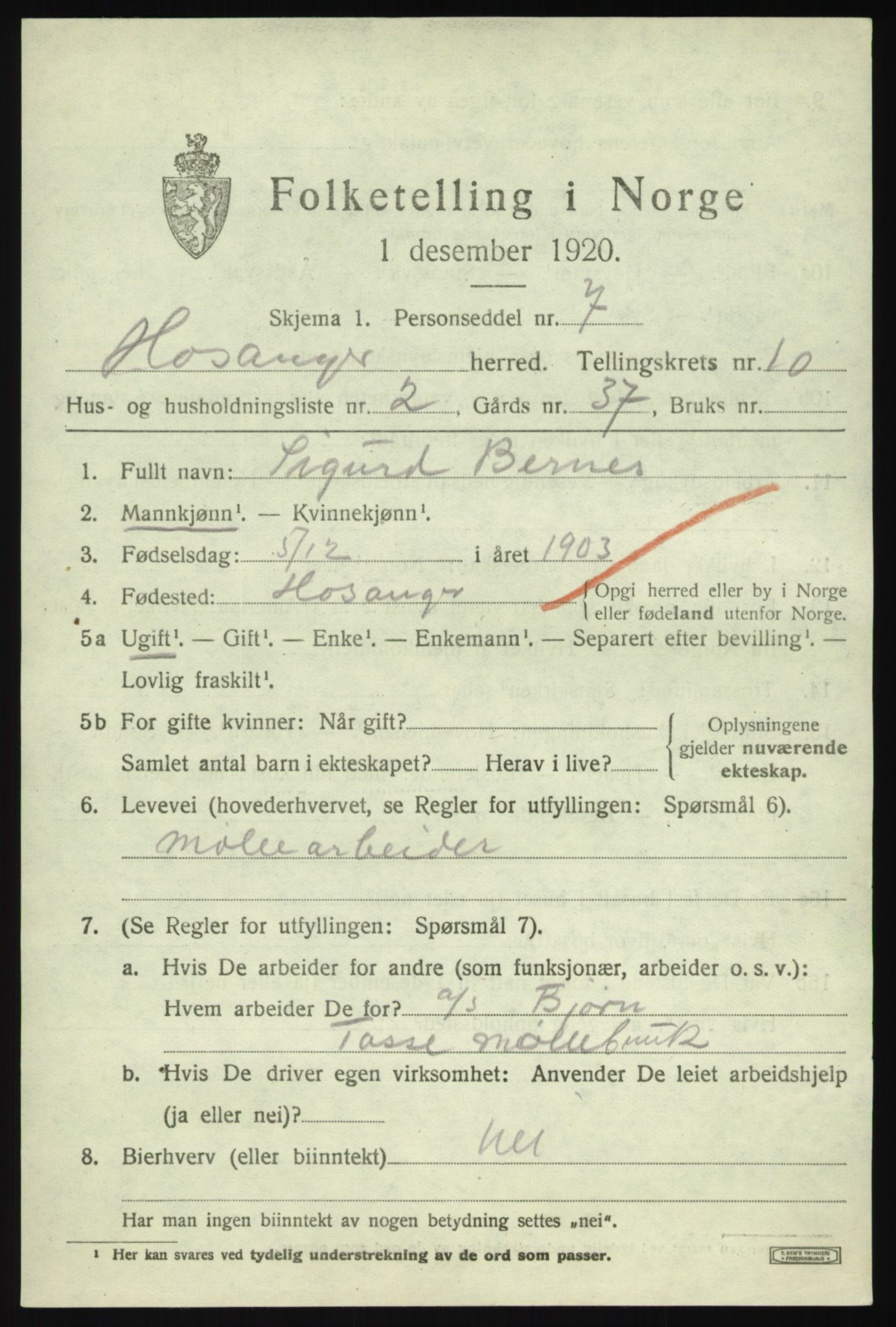 SAB, 1920 census for Hosanger, 1920, p. 4223
