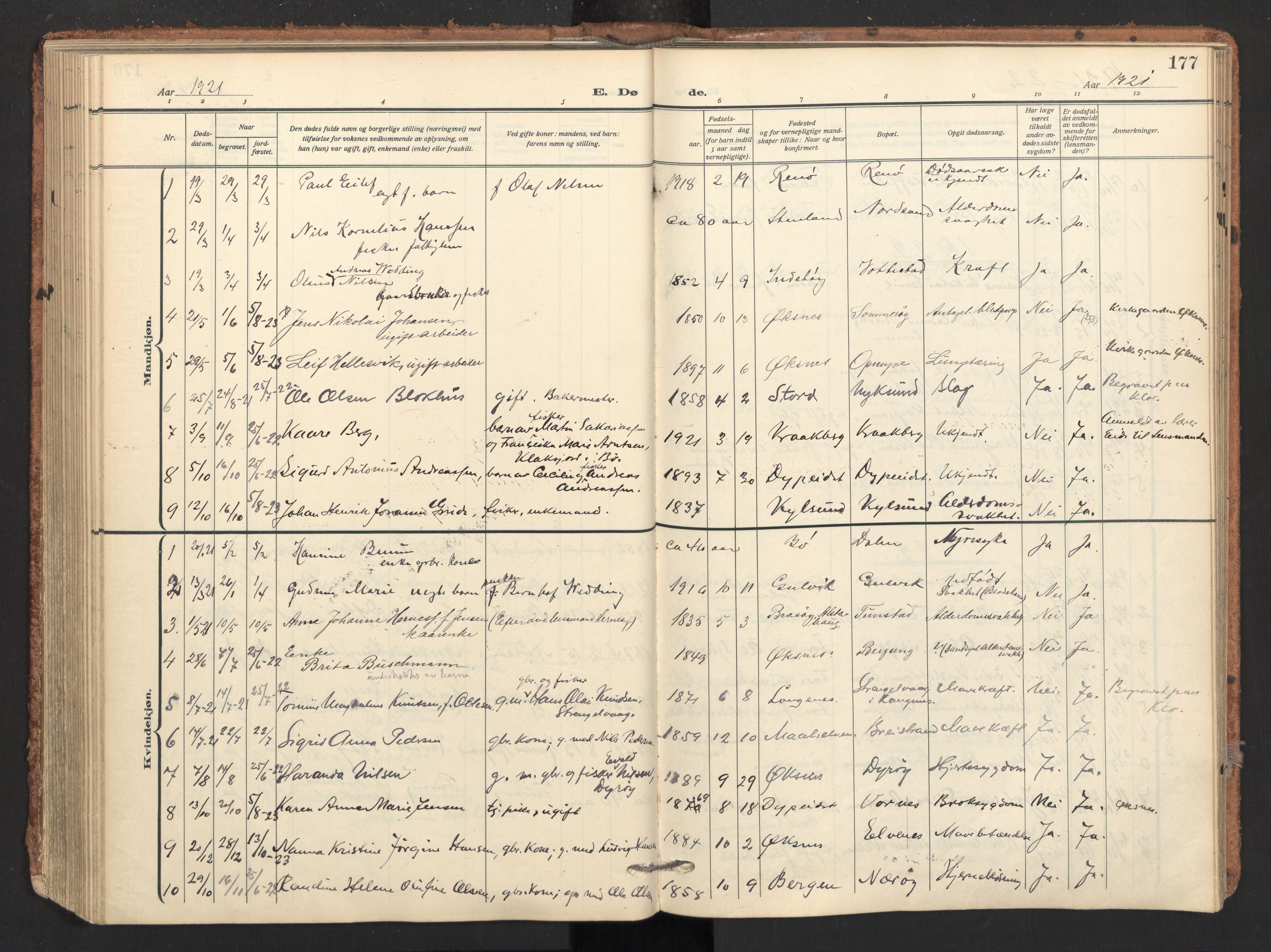 Ministerialprotokoller, klokkerbøker og fødselsregistre - Nordland, SAT/A-1459/893/L1343: Parish register (official) no. 893A15, 1914-1928, p. 177