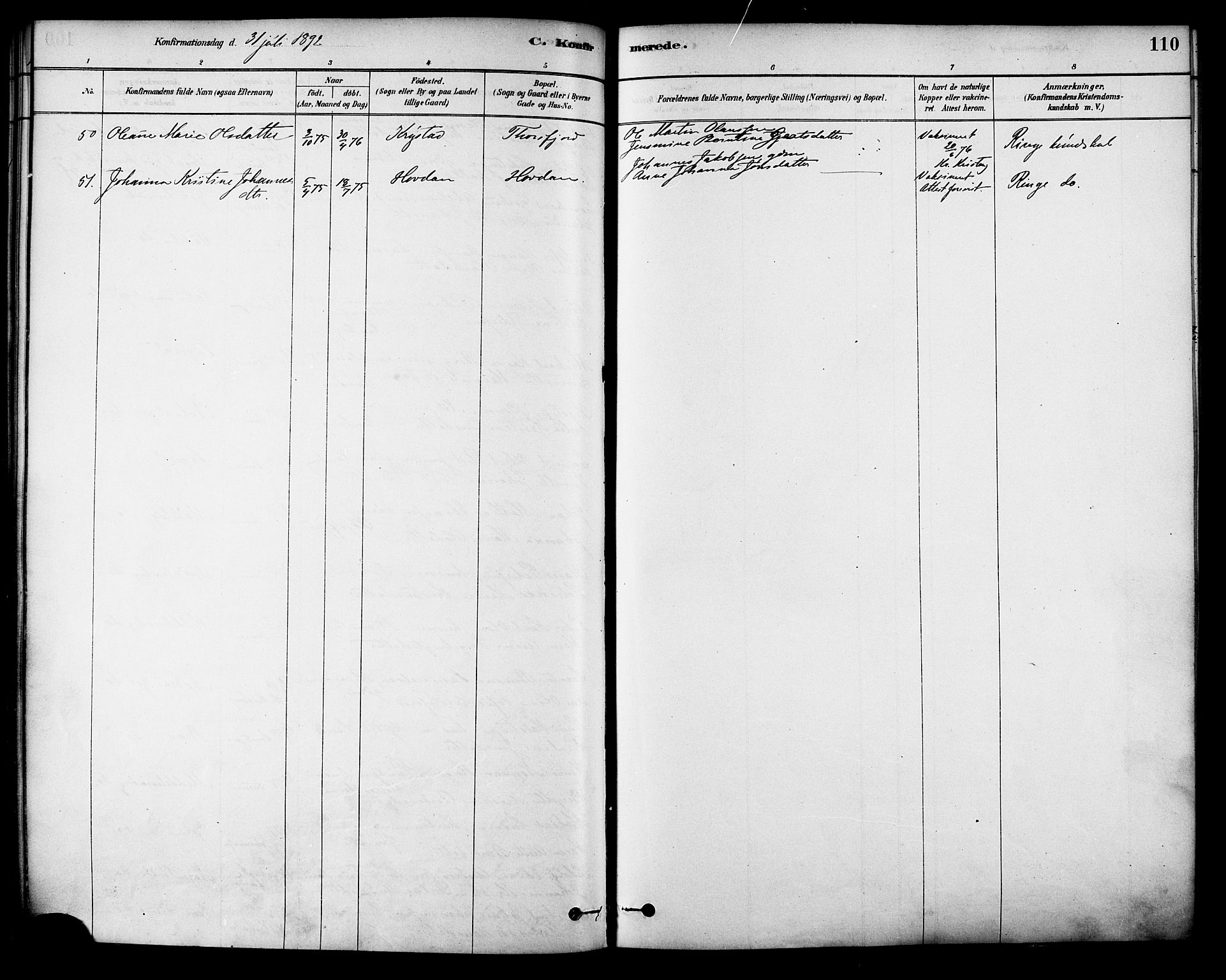 Ministerialprotokoller, klokkerbøker og fødselsregistre - Nordland, AV/SAT-A-1459/885/L1204: Parish register (official) no. 885A05, 1878-1892, p. 110