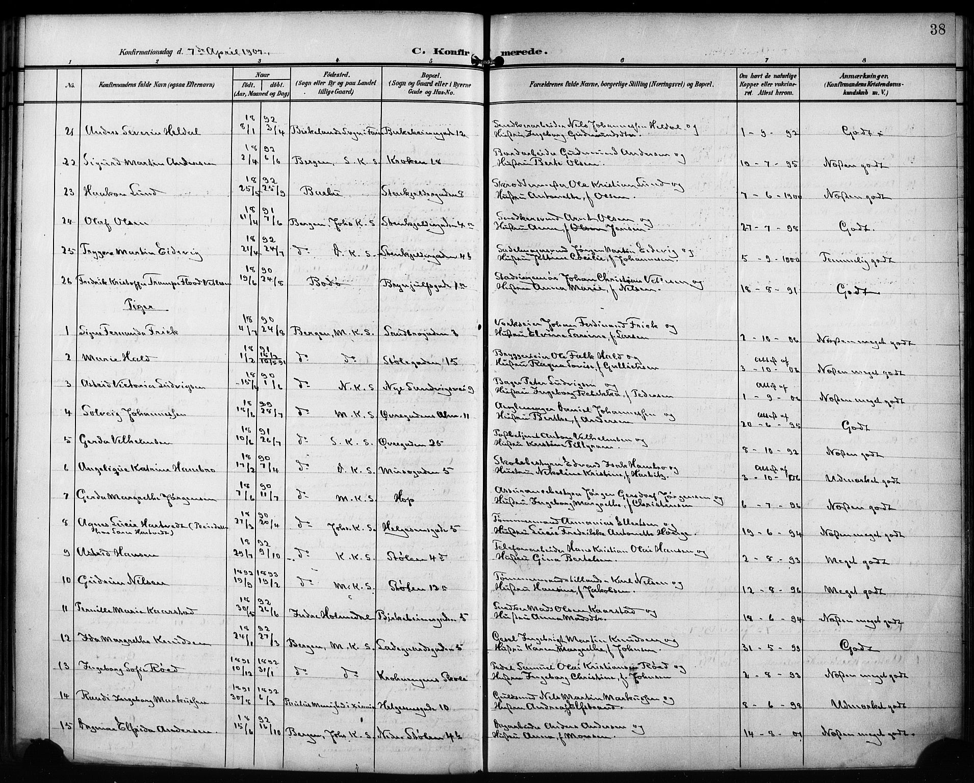 Mariakirken Sokneprestembete, AV/SAB-A-76901/H/Hab/L0009: Parish register (copy) no. A 9, 1901-1919, p. 38