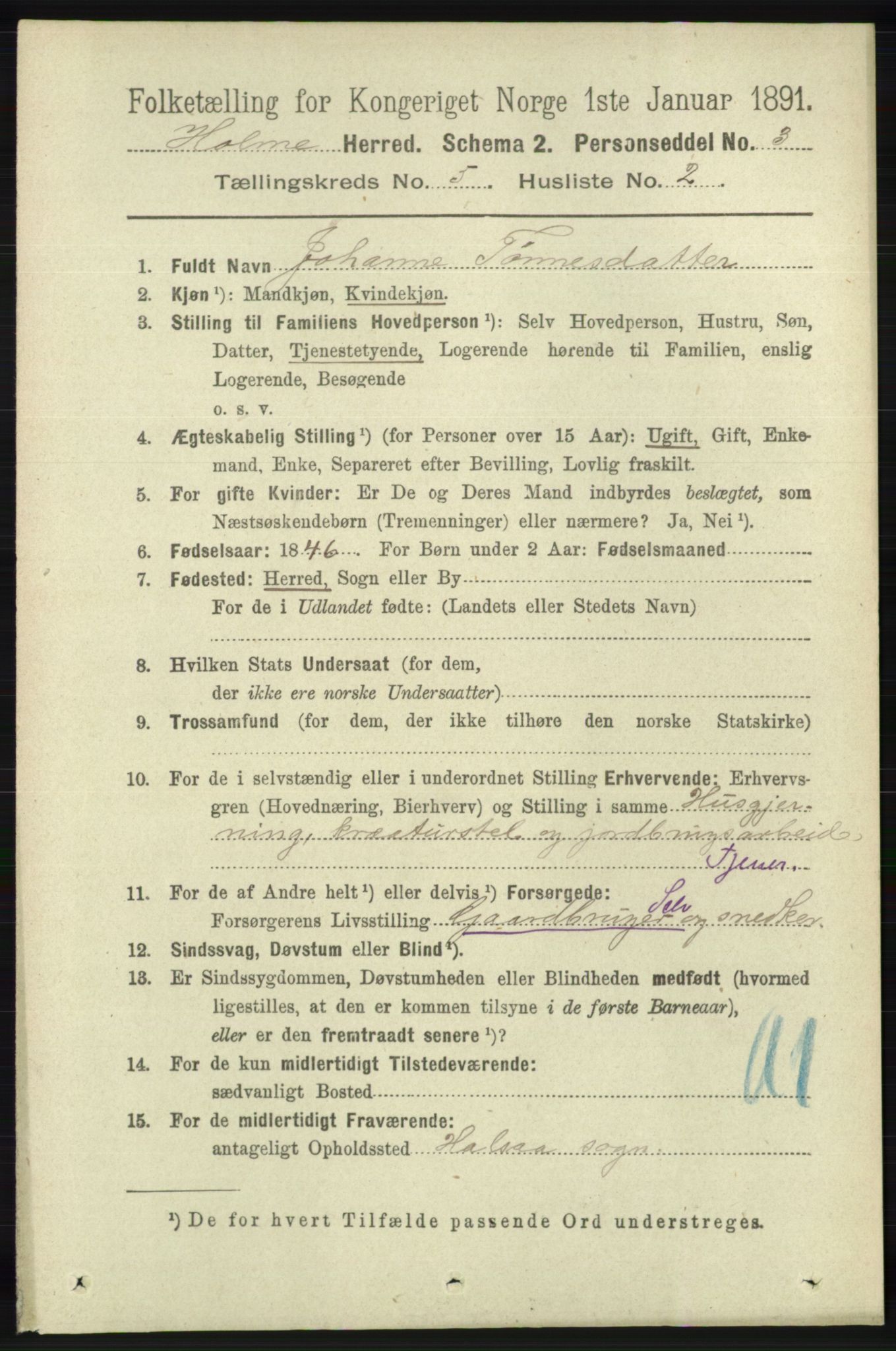 RA, 1891 census for 1020 Holum, 1891, p. 1242