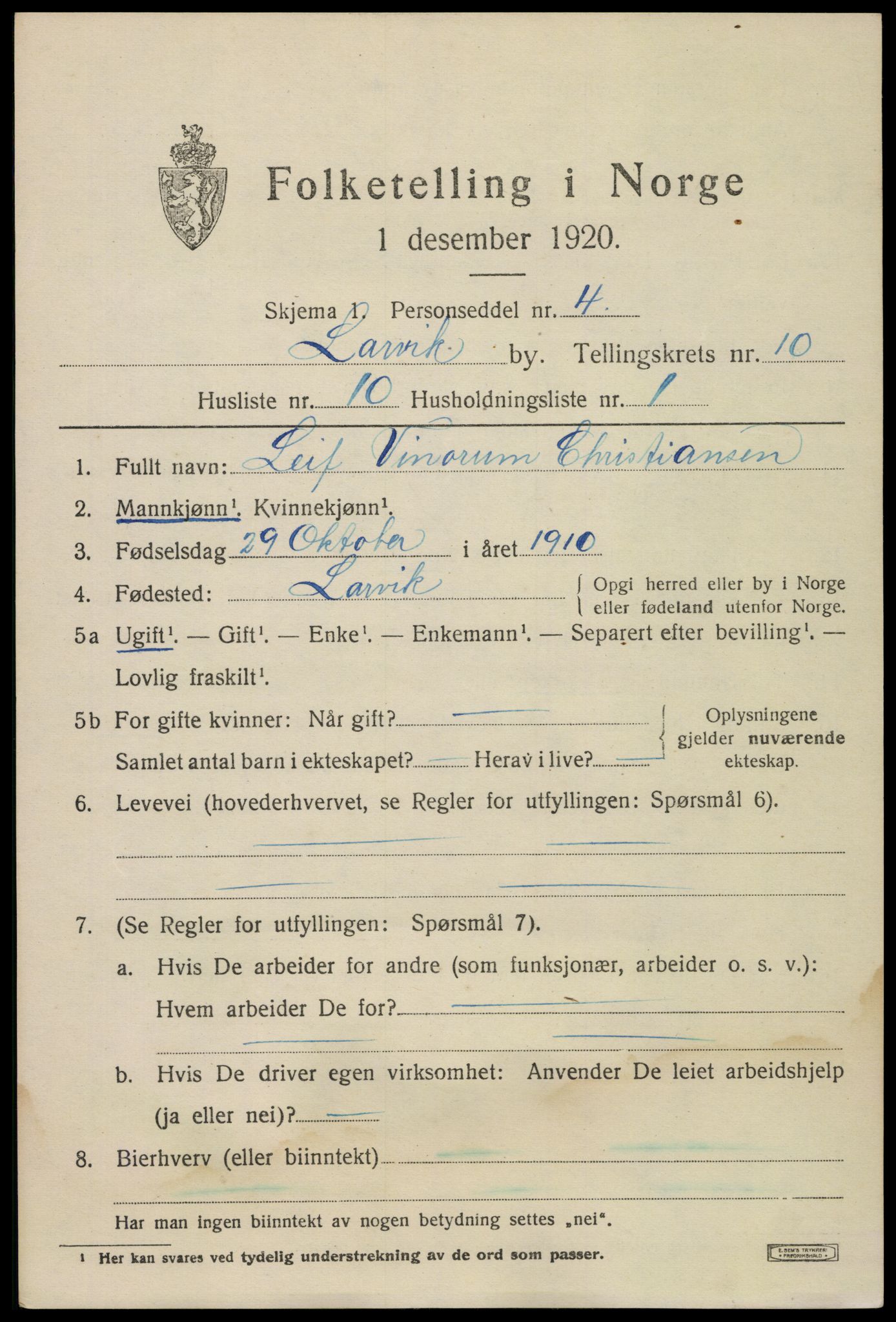 SAKO, 1920 census for Larvik, 1920, p. 26822