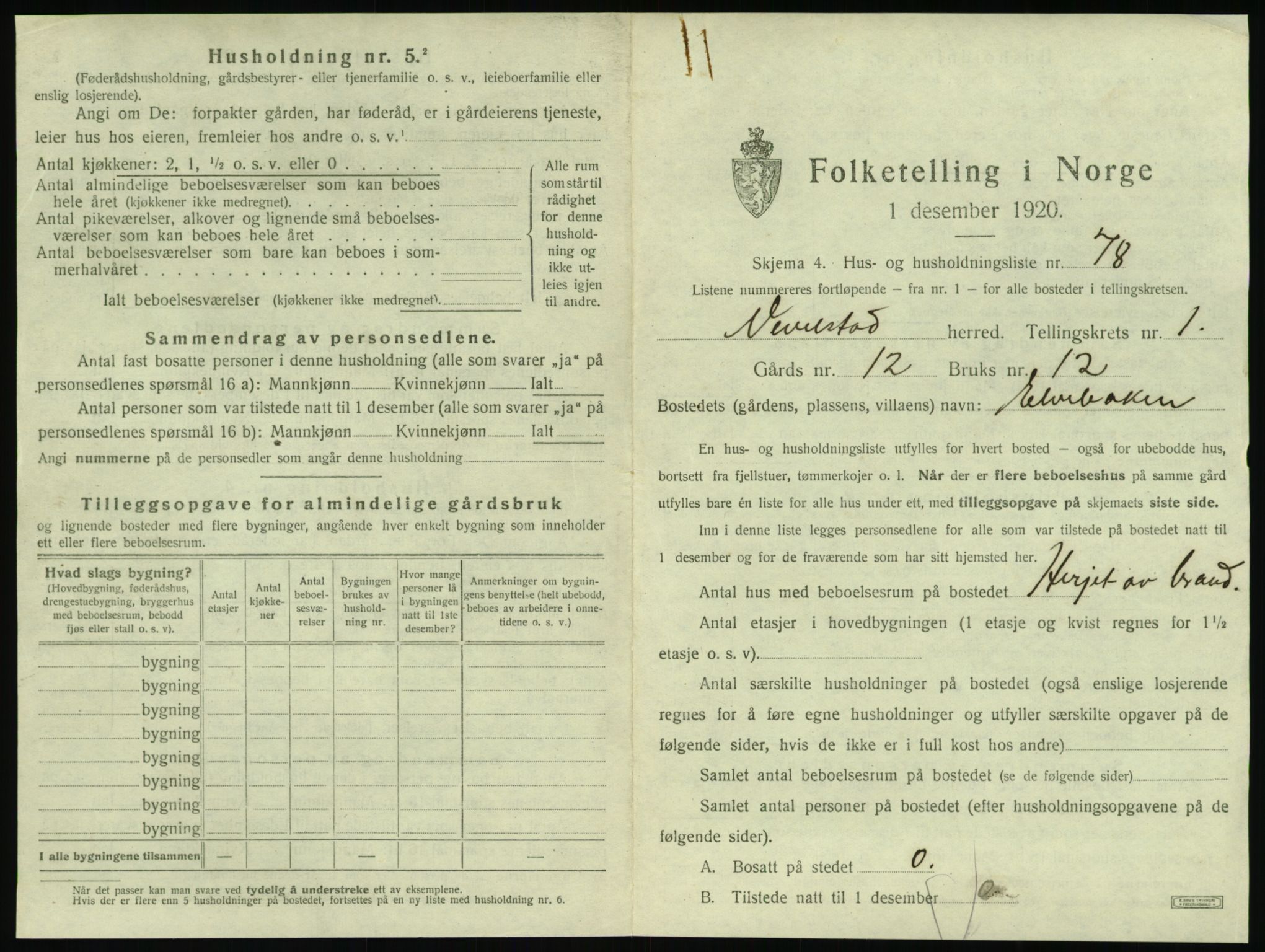 SAT, 1920 census for Vevelstad, 1920, p. 174