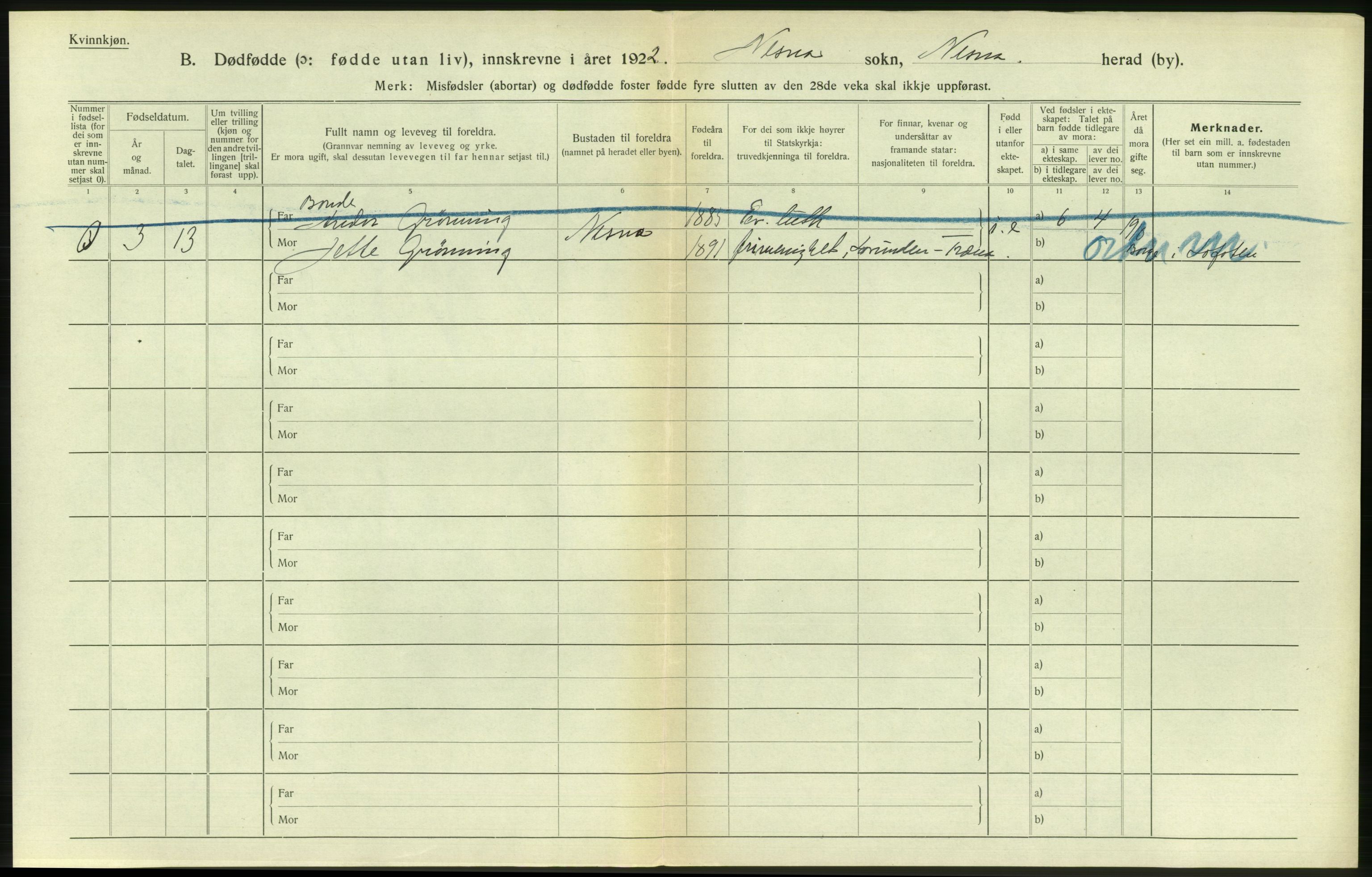 Statistisk sentralbyrå, Sosiodemografiske emner, Befolkning, AV/RA-S-2228/D/Df/Dfc/Dfcb/L0045: Nordland fylke: Gifte, dødfødte. Bygder og byer., 1922, p. 368