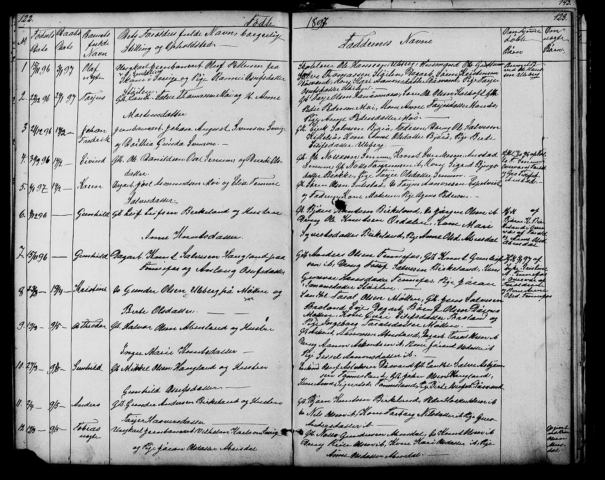 Evje sokneprestkontor, SAK/1111-0008/F/Fb/Fbb/L0002: Parish register (copy) no. B 2, 1879-1909, p. 122-123