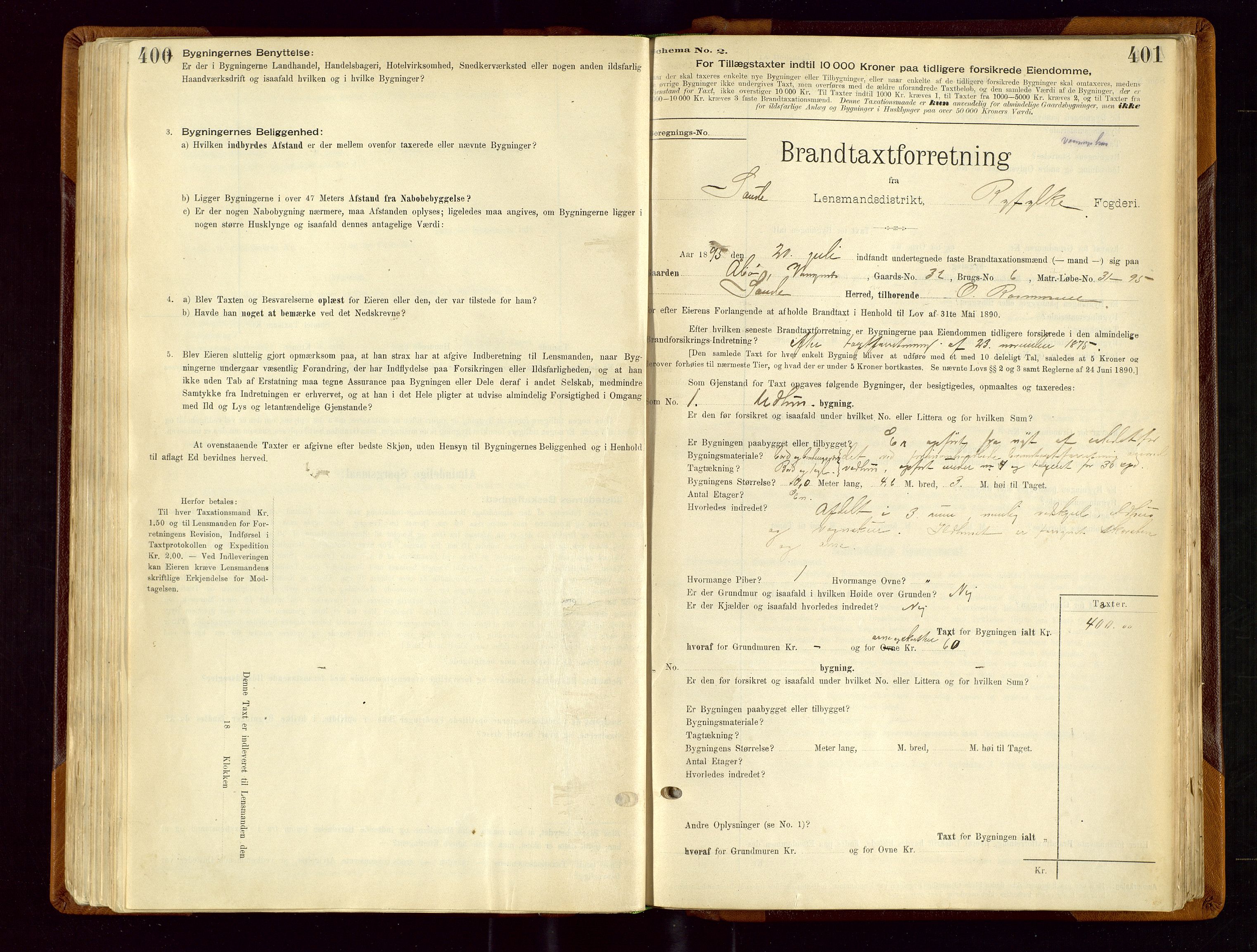 Sauda lensmannskontor, SAST/A-100177/Gob/L0001: Branntakstprotokoll - skjematakst, 1894-1914, p. 400-401