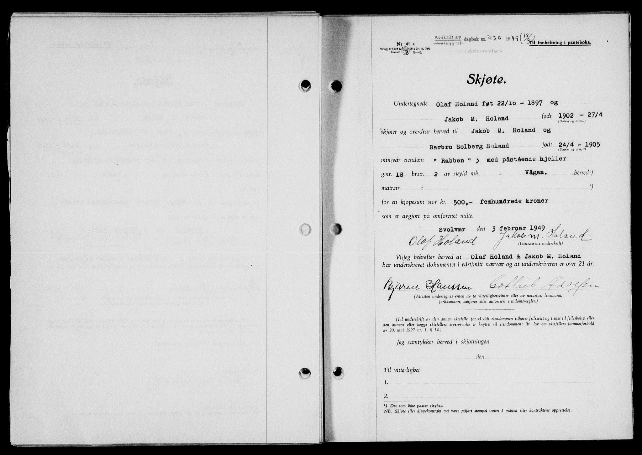 Lofoten sorenskriveri, SAT/A-0017/1/2/2C/L0020a: Mortgage book no. 20a, 1948-1949, Diary no: : 439/1949