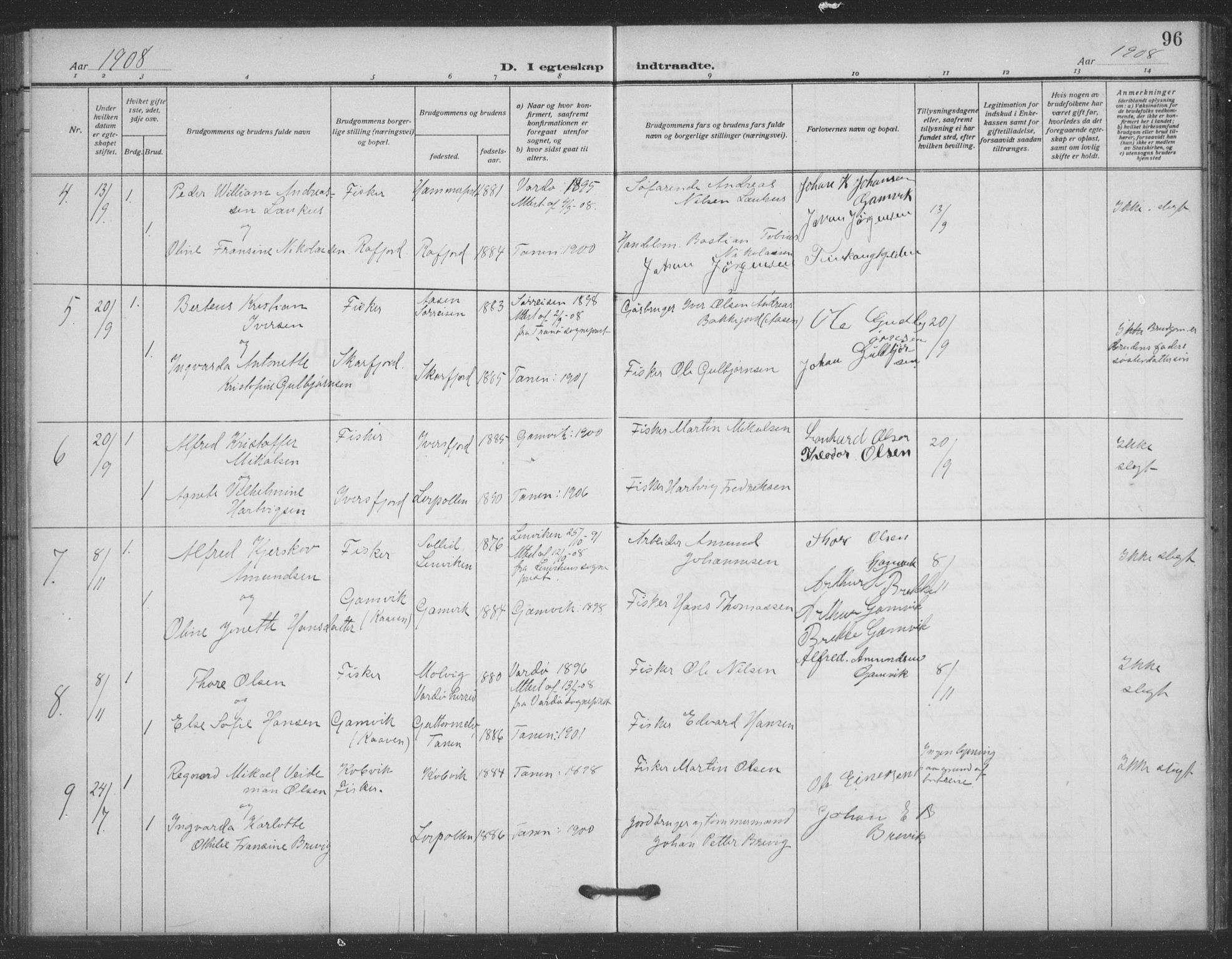 Tana sokneprestkontor, AV/SATØ-S-1334/H/Ha/L0008kirke: Parish register (official) no. 8, 1908-1920, p. 96