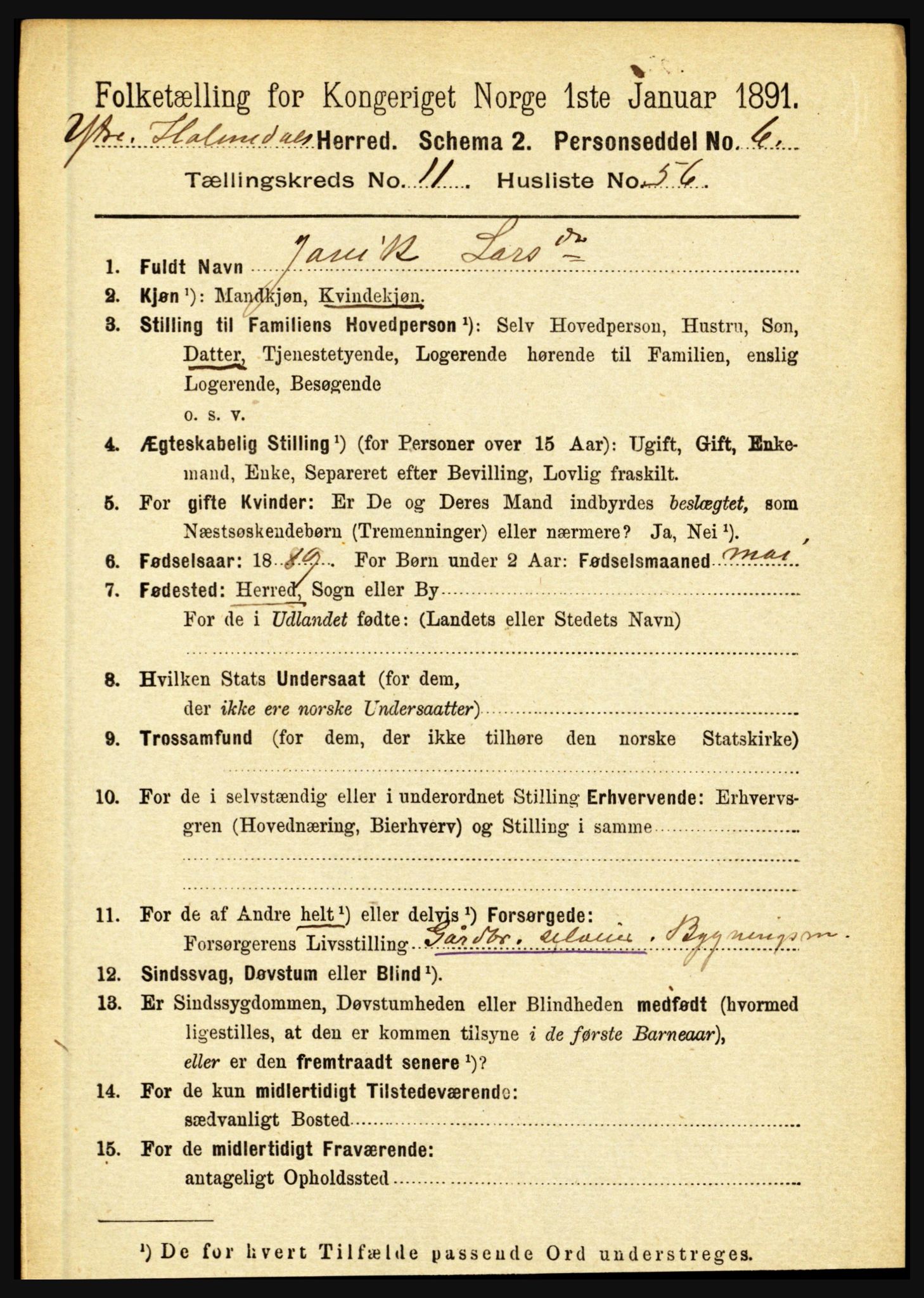 RA, 1891 census for 1429 Ytre Holmedal, 1891, p. 3143