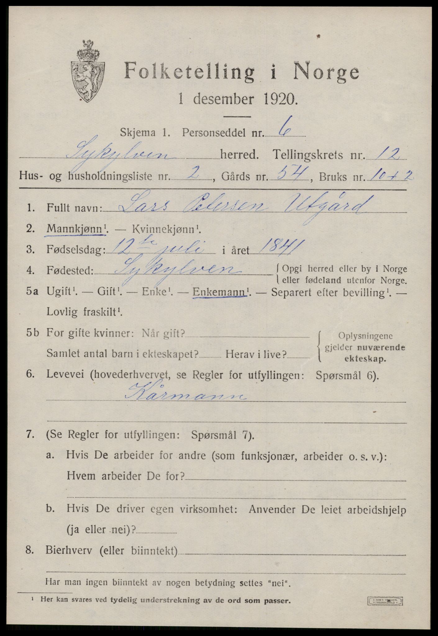 SAT, 1920 census for Sykkylven, 1920, p. 5709