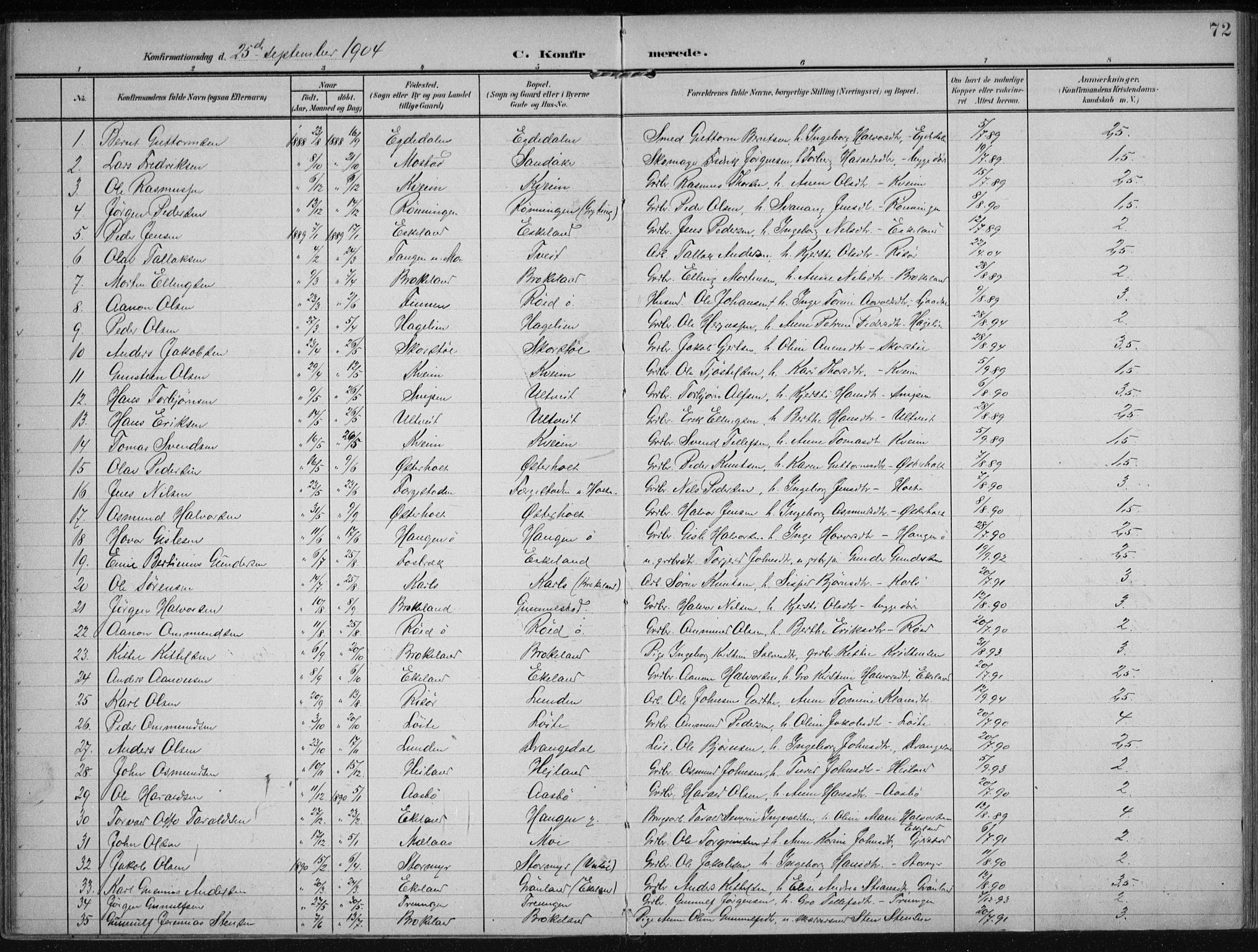 Gjerstad sokneprestkontor, AV/SAK-1111-0014/F/Fa/Faa/L0011: Parish register (official) no. A 11, 1903-1914, p. 72