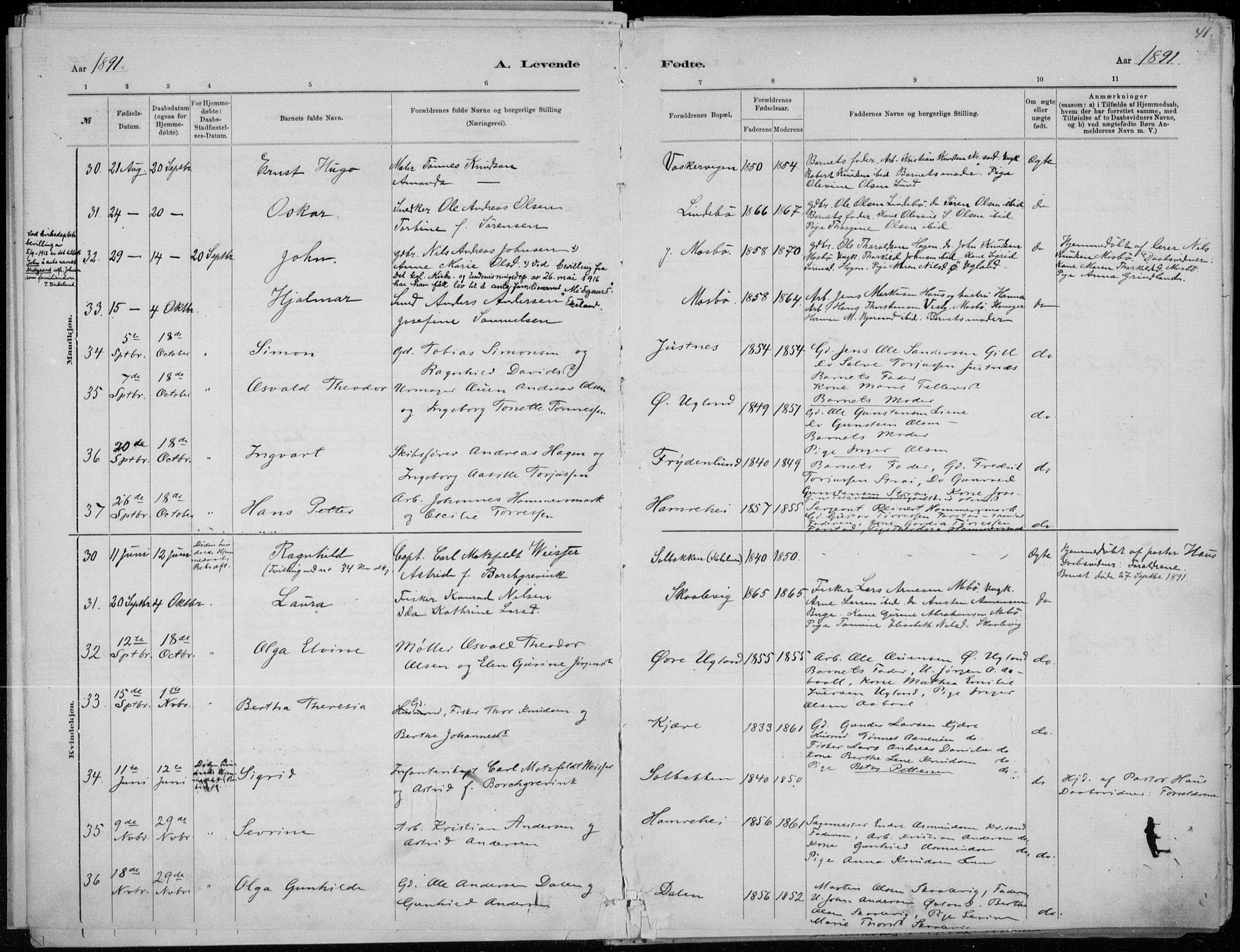Oddernes sokneprestkontor, SAK/1111-0033/F/Fa/Faa/L0009: Parish register (official) no. A 9, 1884-1896, p. 41