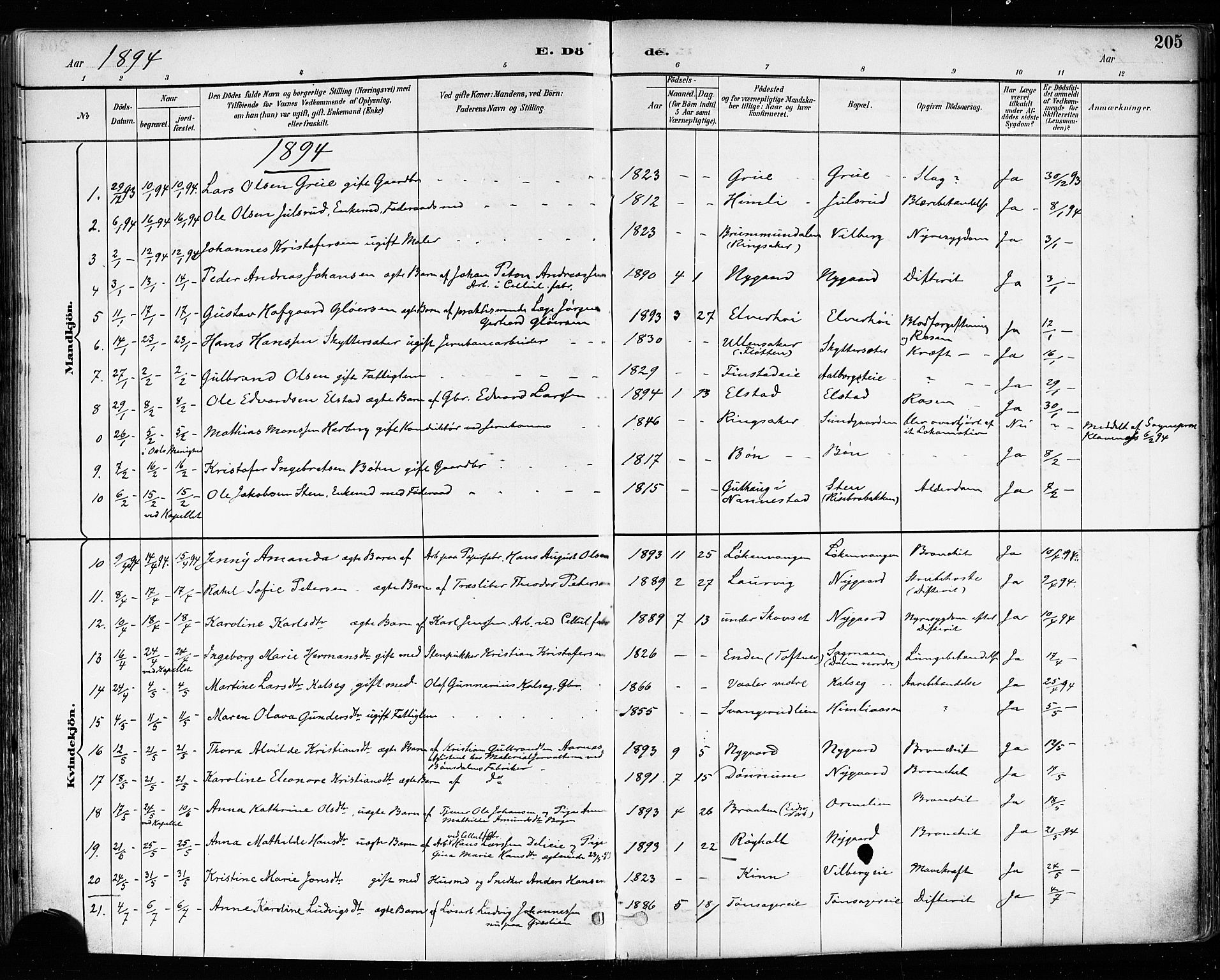 Eidsvoll prestekontor Kirkebøker, SAO/A-10888/F/Fa/L0004: Parish register (official) no. I 4, 1891-1900, p. 205