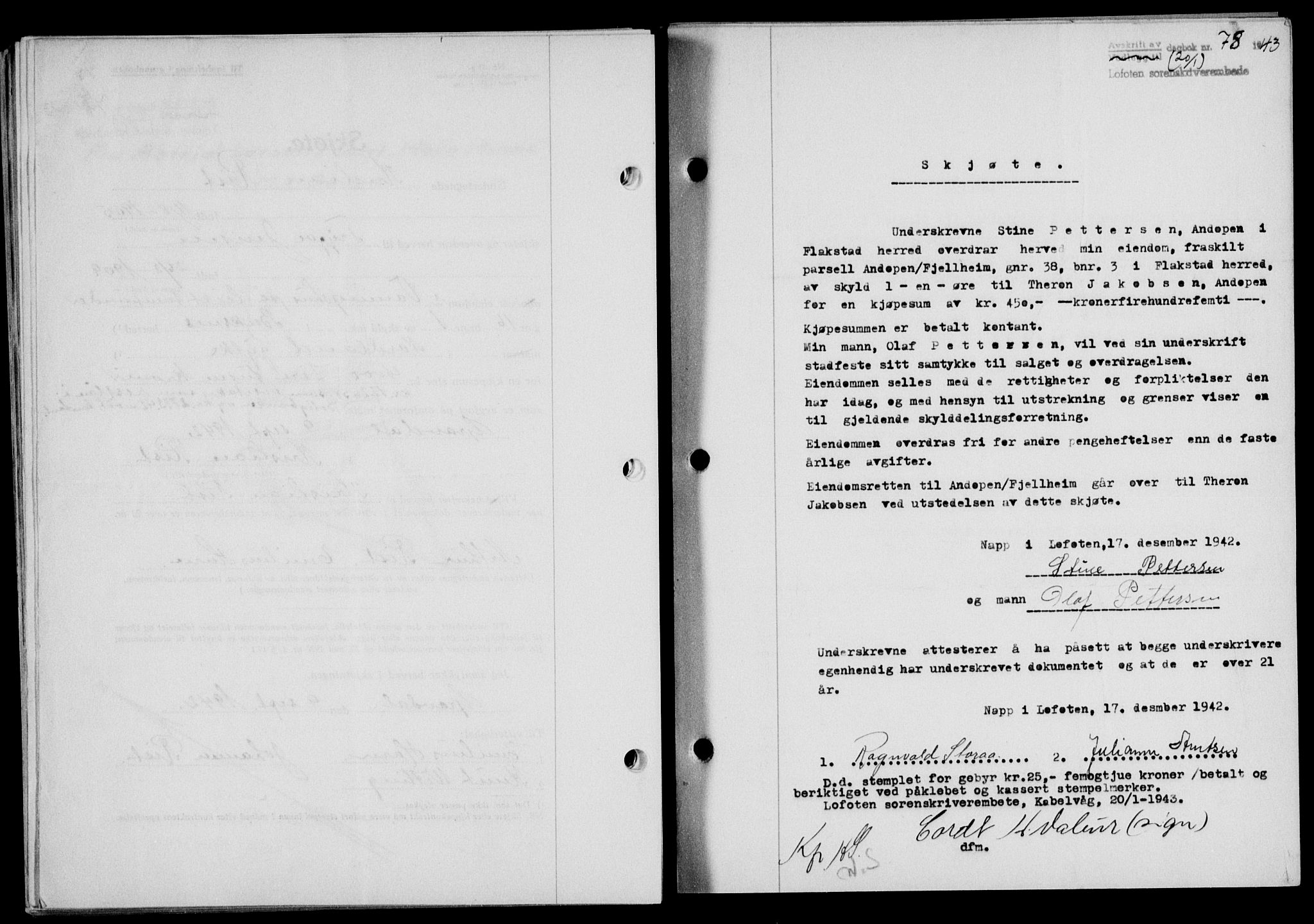 Lofoten sorenskriveri, SAT/A-0017/1/2/2C/L0010a: Mortgage book no. 10a, 1942-1943, Diary no: : 78/1943