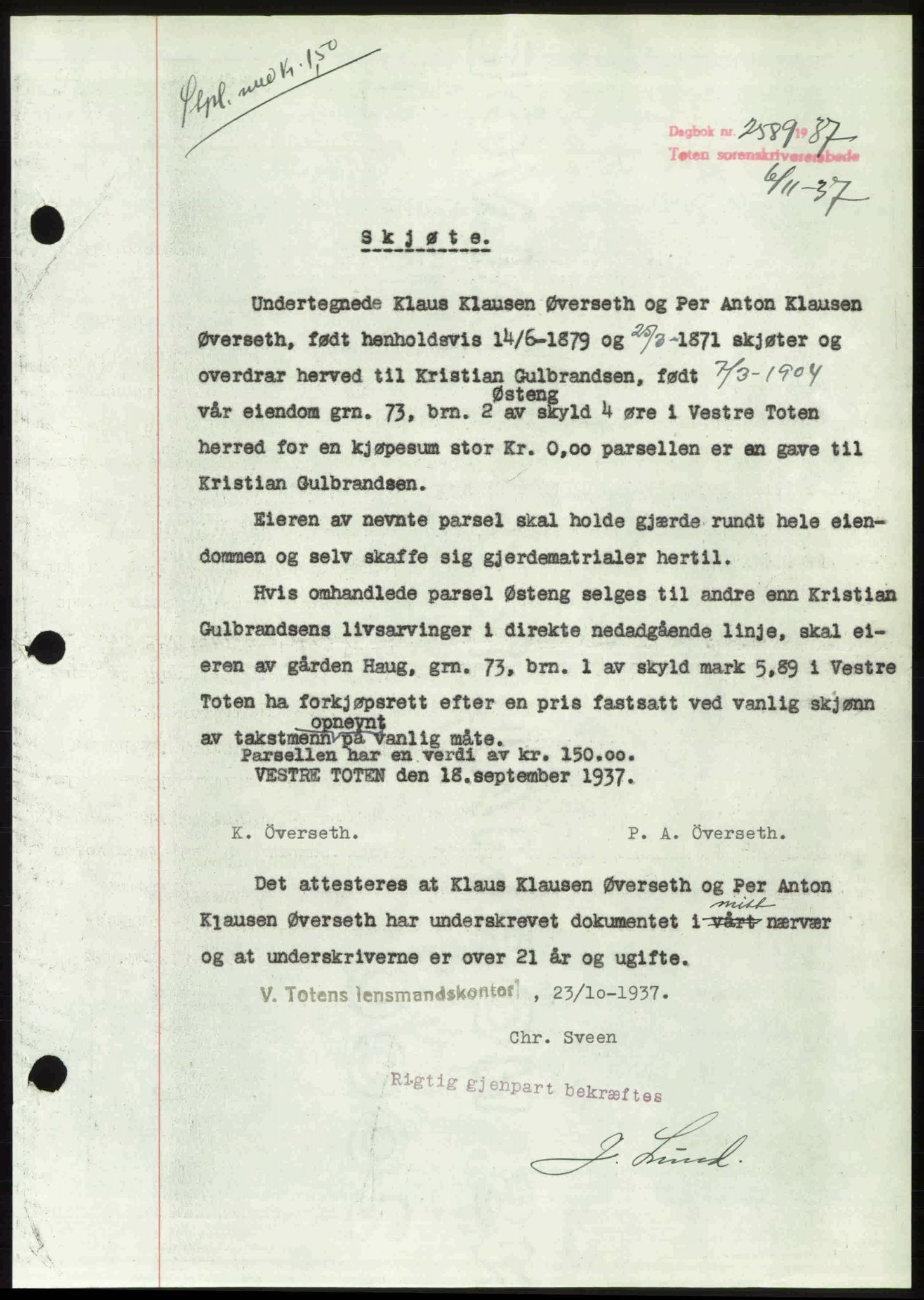Toten tingrett, SAH/TING-006/H/Hb/Hbc/L0003: Mortgage book no. Hbc-03, 1937-1938, Diary no: : 2589/1937