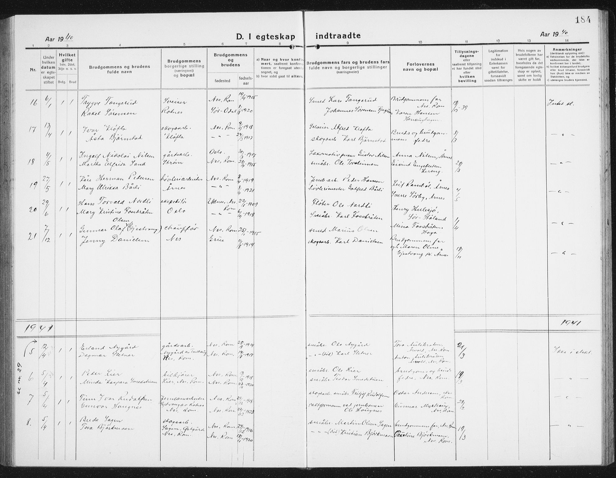 Nes prestekontor Kirkebøker, AV/SAO-A-10410/G/Gc/L0002: Parish register (copy) no. III 2, 1915-1943, p. 184