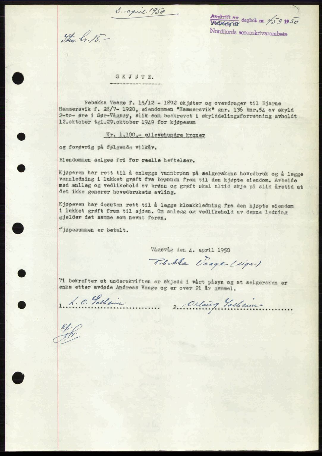 Nordfjord sorenskriveri, SAB/A-2801/02/02b/02bj/L0016a: Mortgage book no. A16 I, 1949-1950, Diary no: : 453/1950