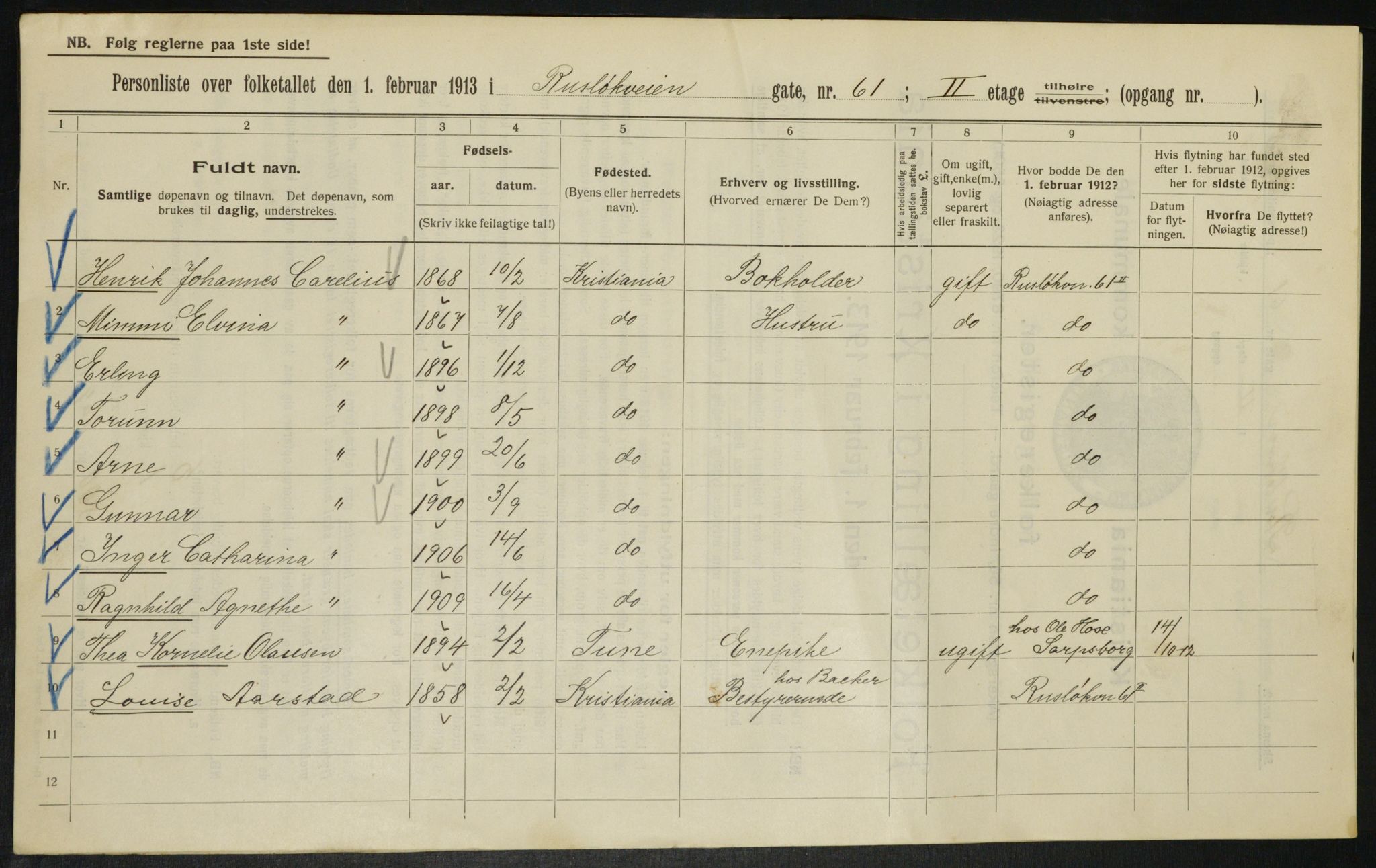 OBA, Municipal Census 1913 for Kristiania, 1913, p. 85598