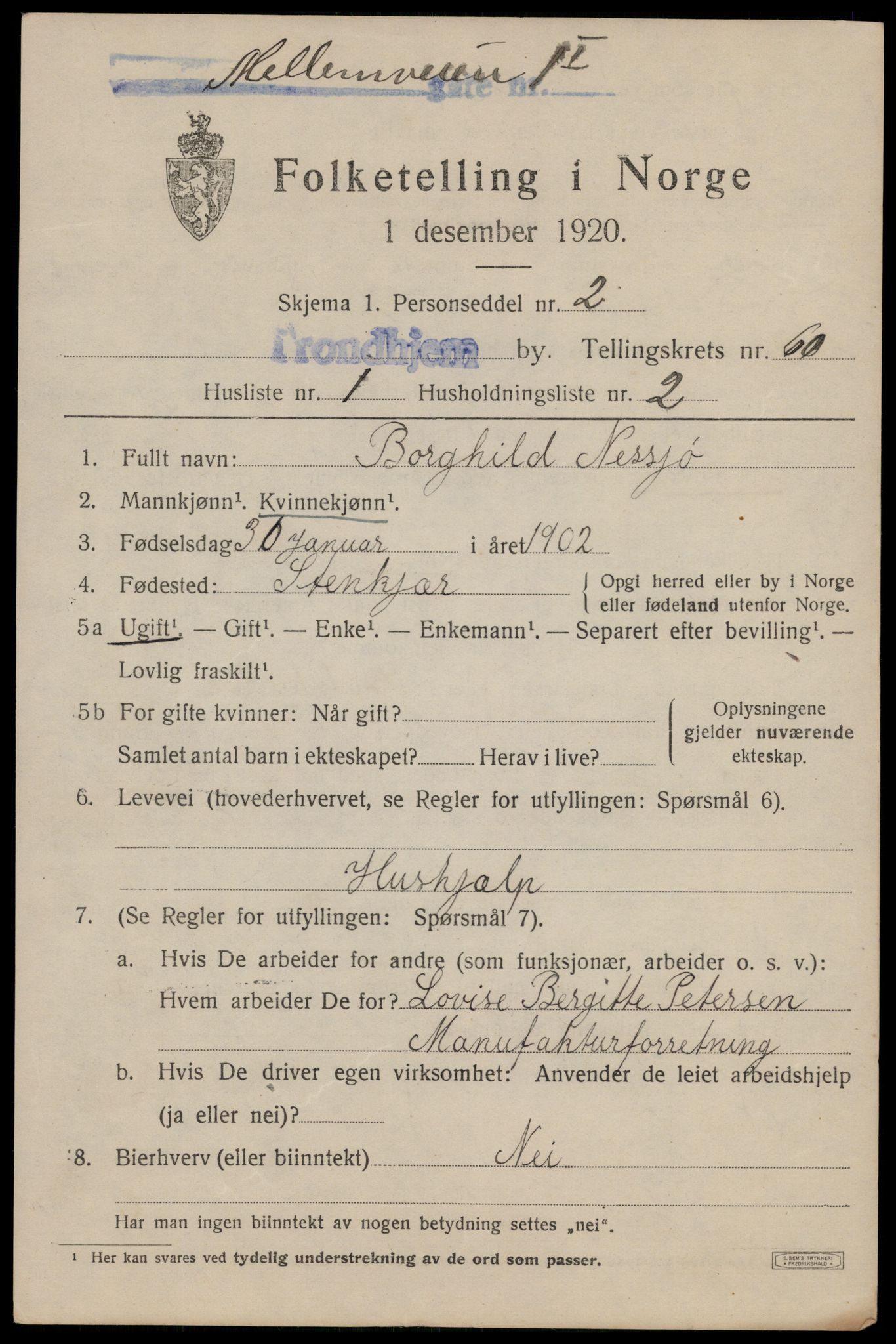 SAT, 1920 census for Trondheim, 1920, p. 120848