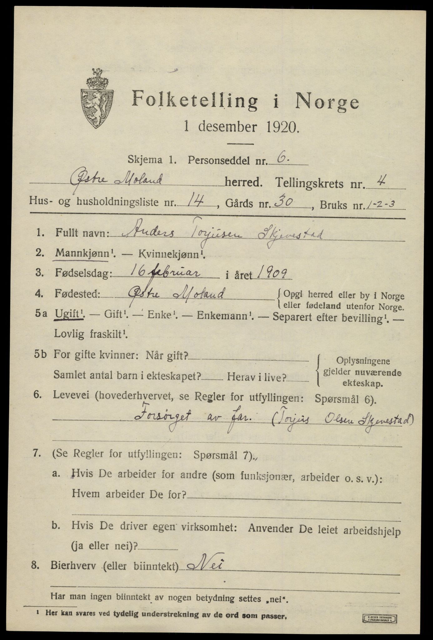 SAK, 1920 census for Austre Moland, 1920, p. 2201