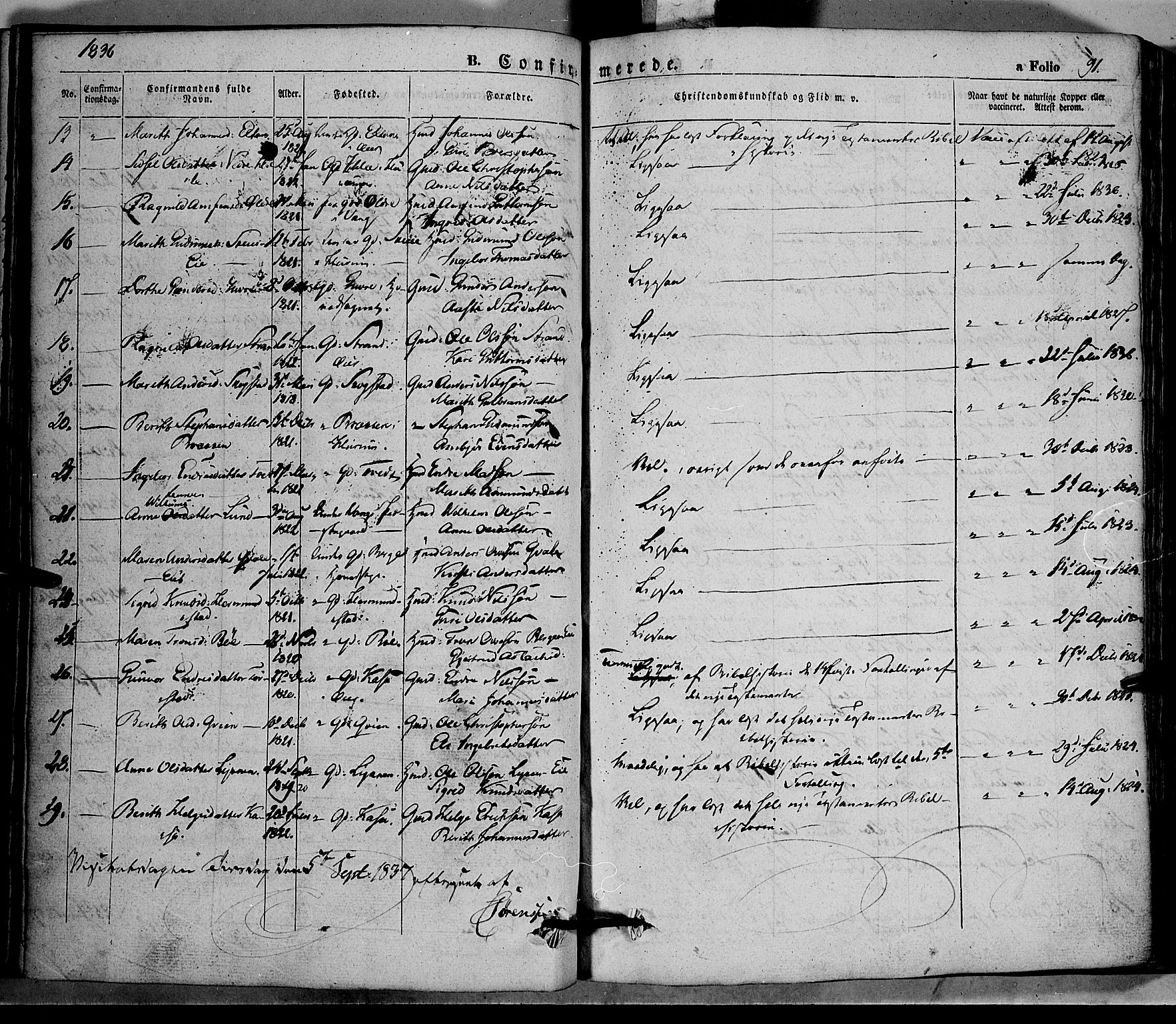 Vang prestekontor, Valdres, SAH/PREST-140/H/Ha/L0005: Parish register (official) no. 5, 1831-1845, p. 91