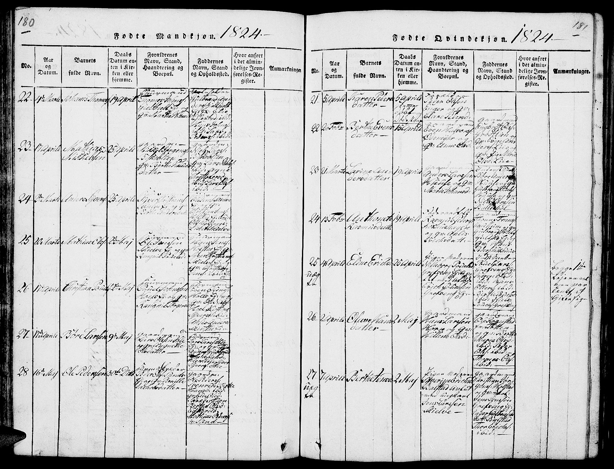 Nes prestekontor, Hedmark, AV/SAH-PREST-020/L/La/L0003: Parish register (copy) no. 3, 1814-1831, p. 180-181