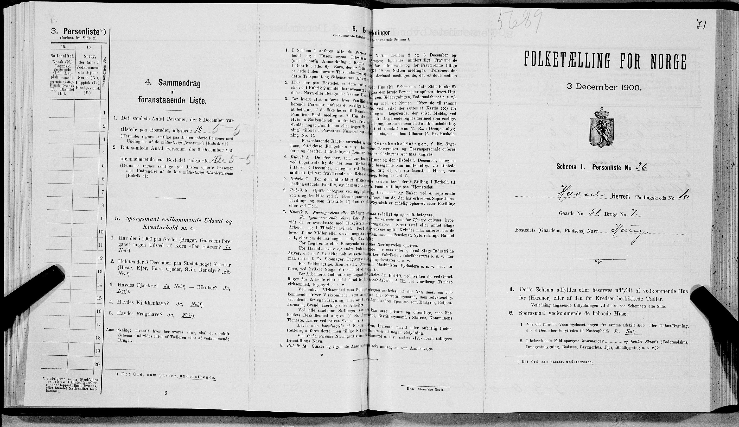 SAT, 1900 census for Hadsel, 1900, p. 881