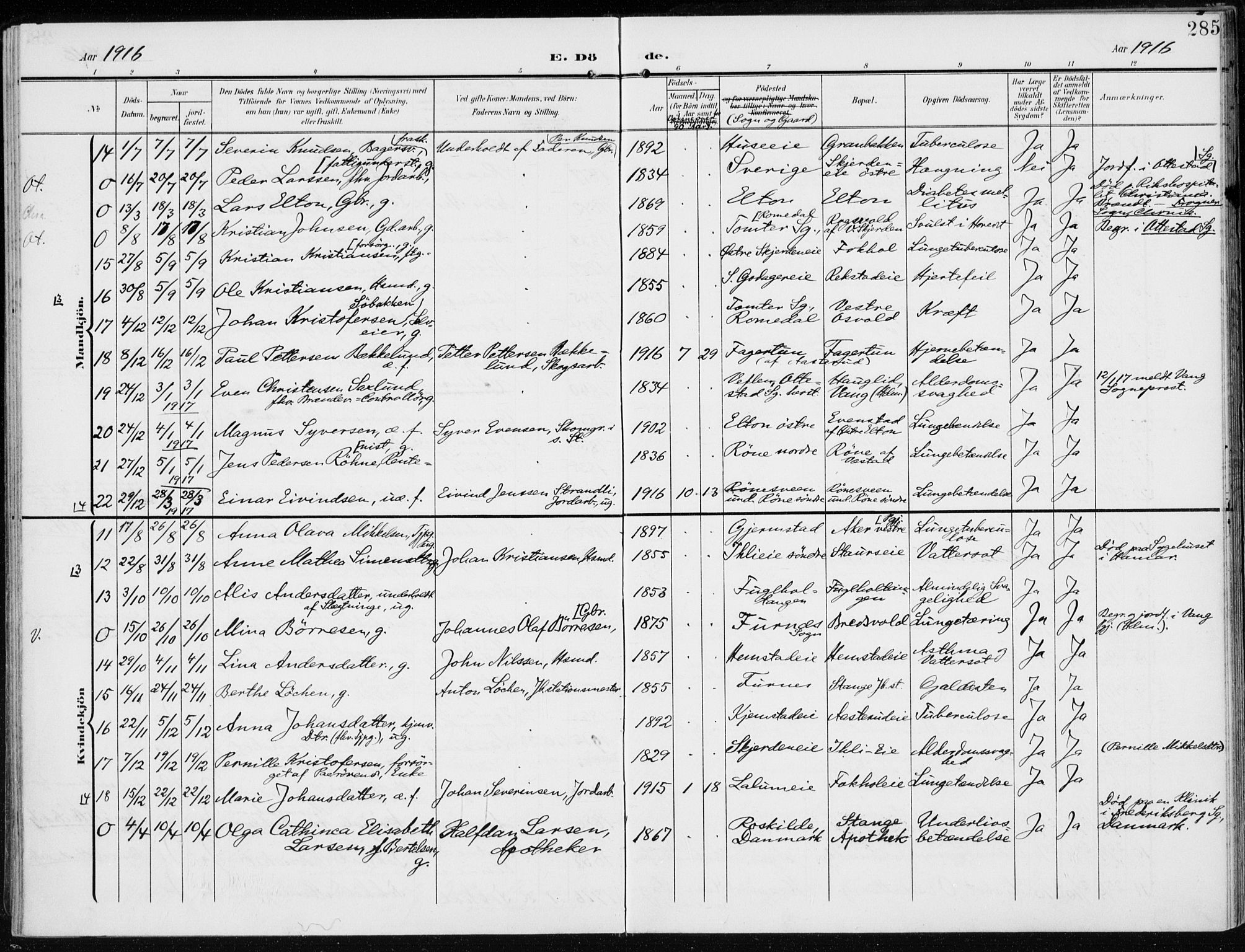 Stange prestekontor, AV/SAH-PREST-002/K/L0024: Parish register (official) no. 24, 1906-1922, p. 285